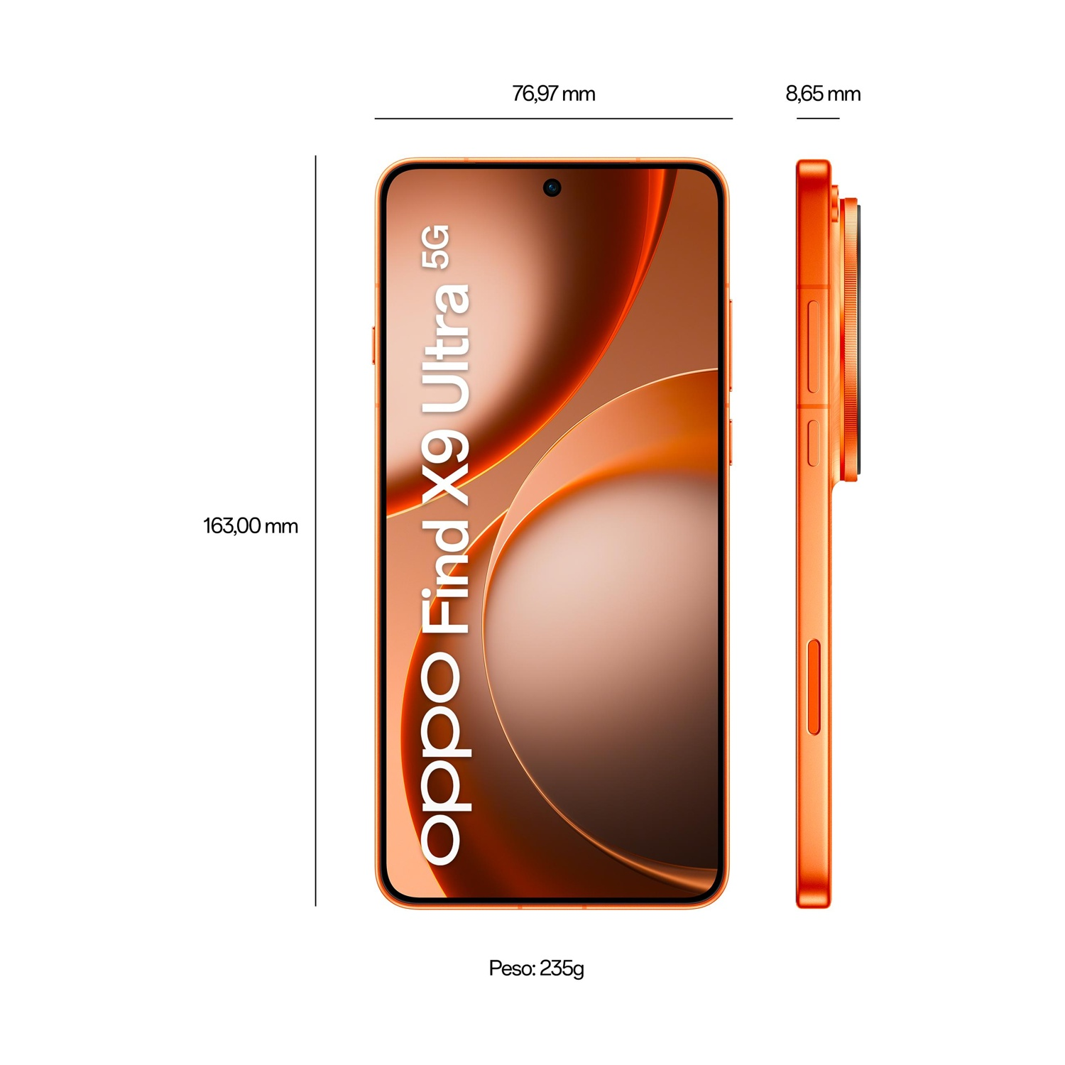 Oppo Find X9 Ultra 5G arancione con dimensioni 163x76,97x8,65mm e peso 235g.