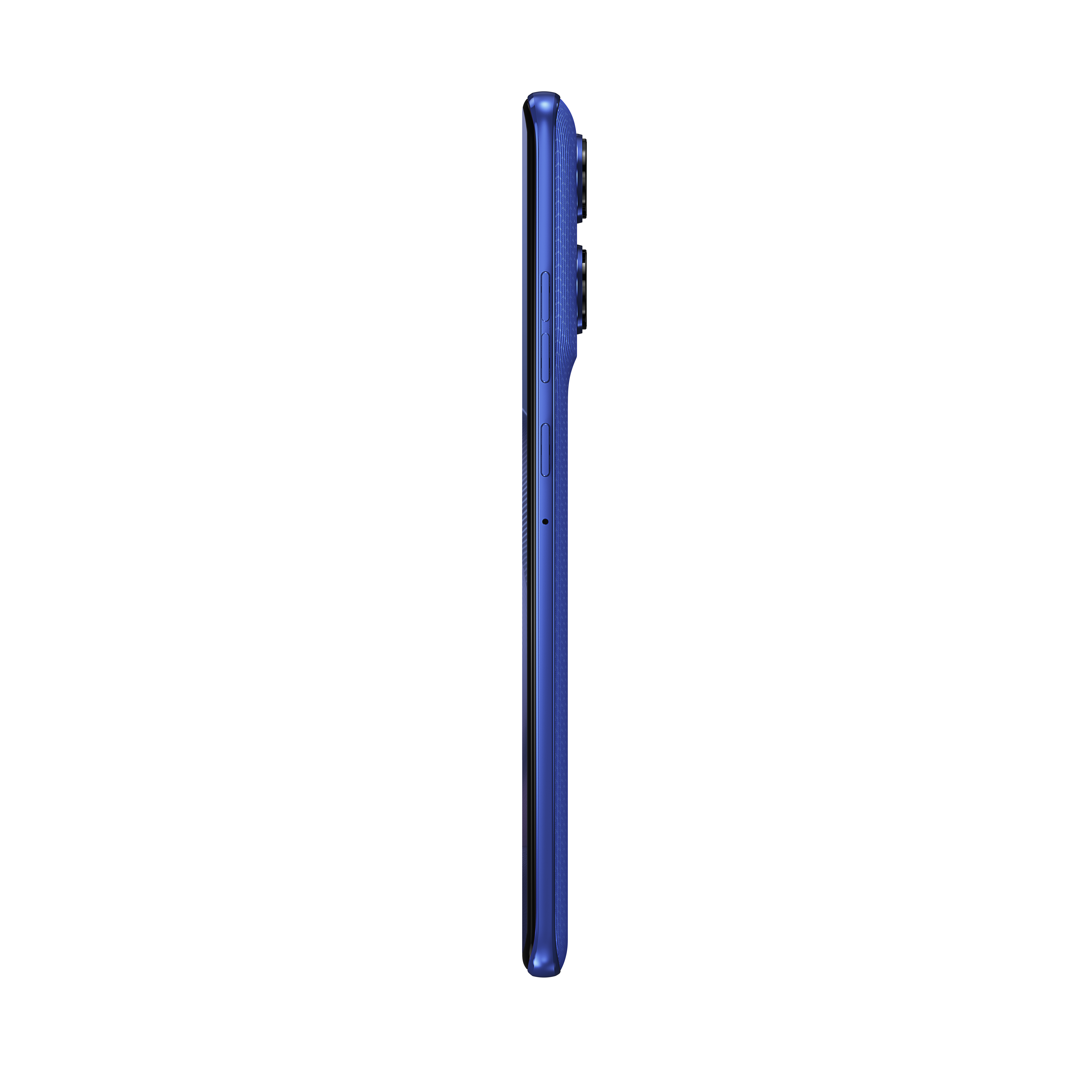 Ciemnoniebieski smartfon w profilu na czarnym tle, z widocznymi przyciskami.