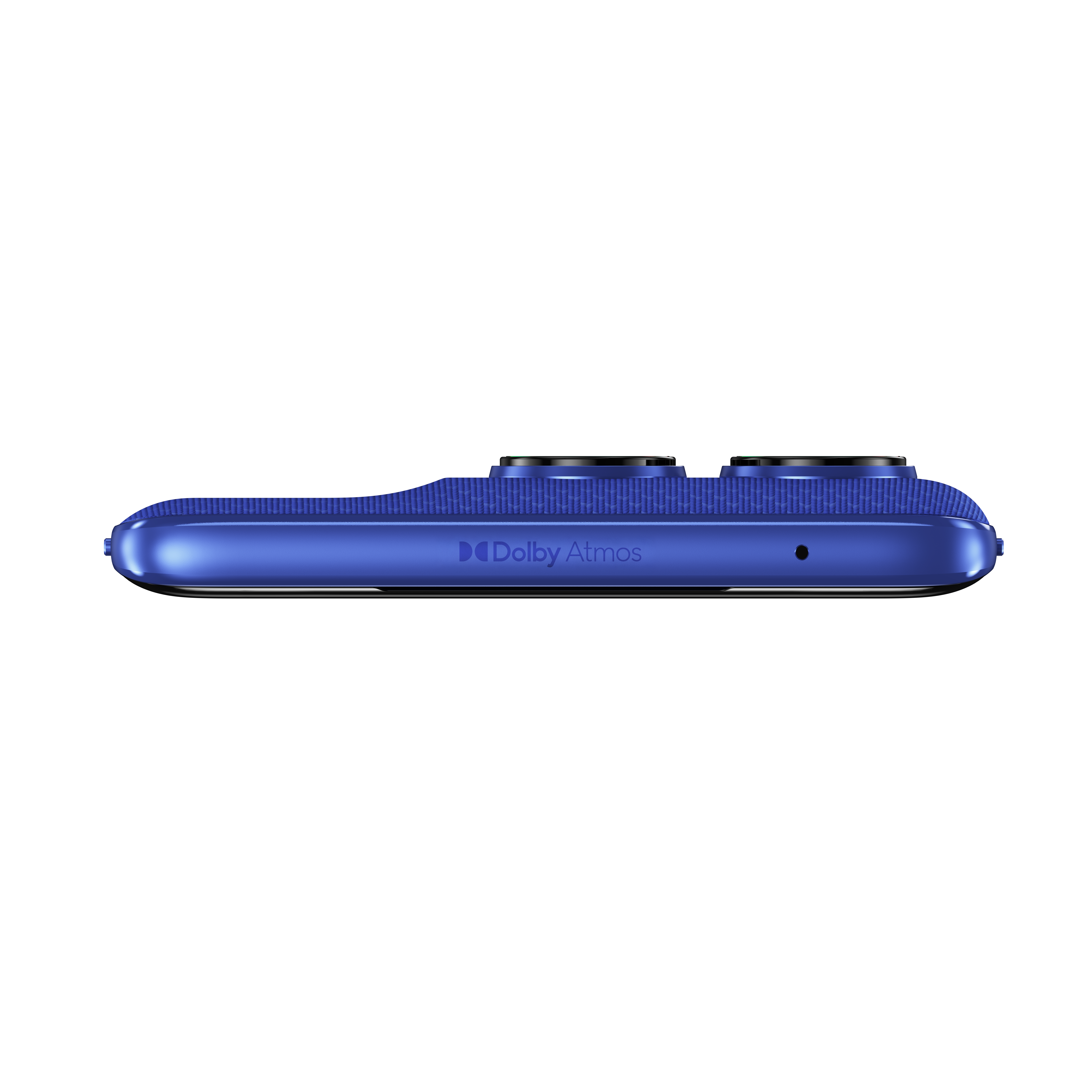 Niebieski smartfon z logo Dolby Atmos i modułem kamery.