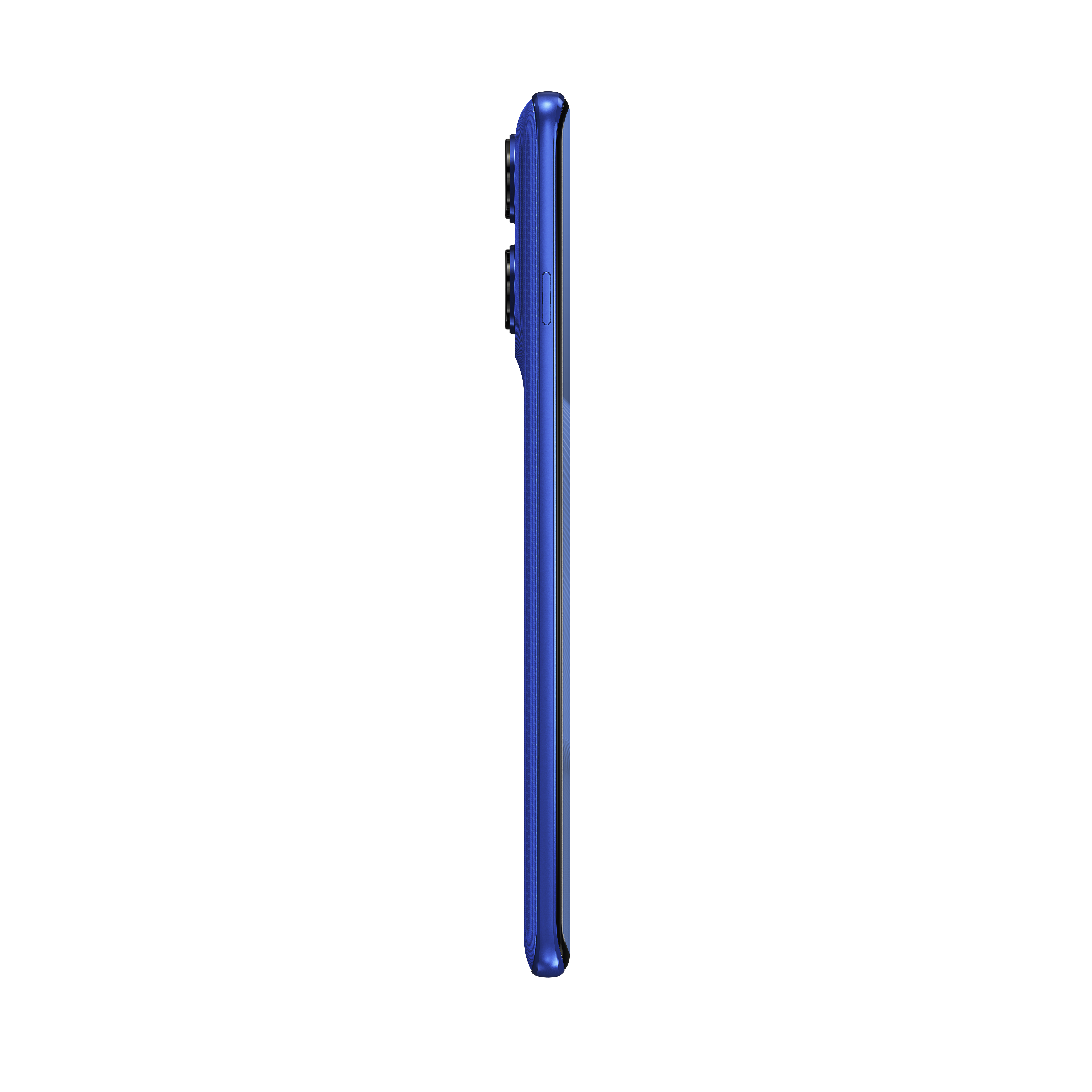 Niebieski smartfon pokazany z profilu na czarnym tle.