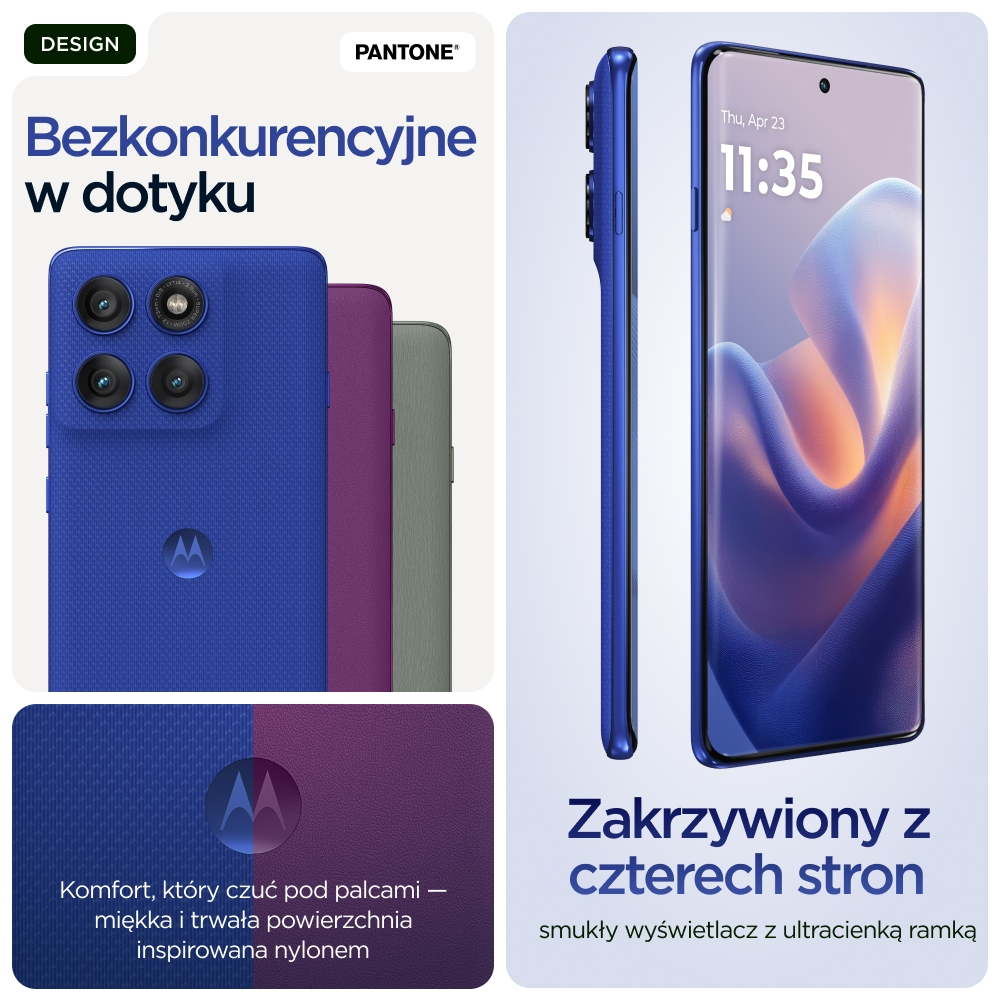 Niebieski smartfon Motorola z czterema aparatami i zakrzywionym ekranem.