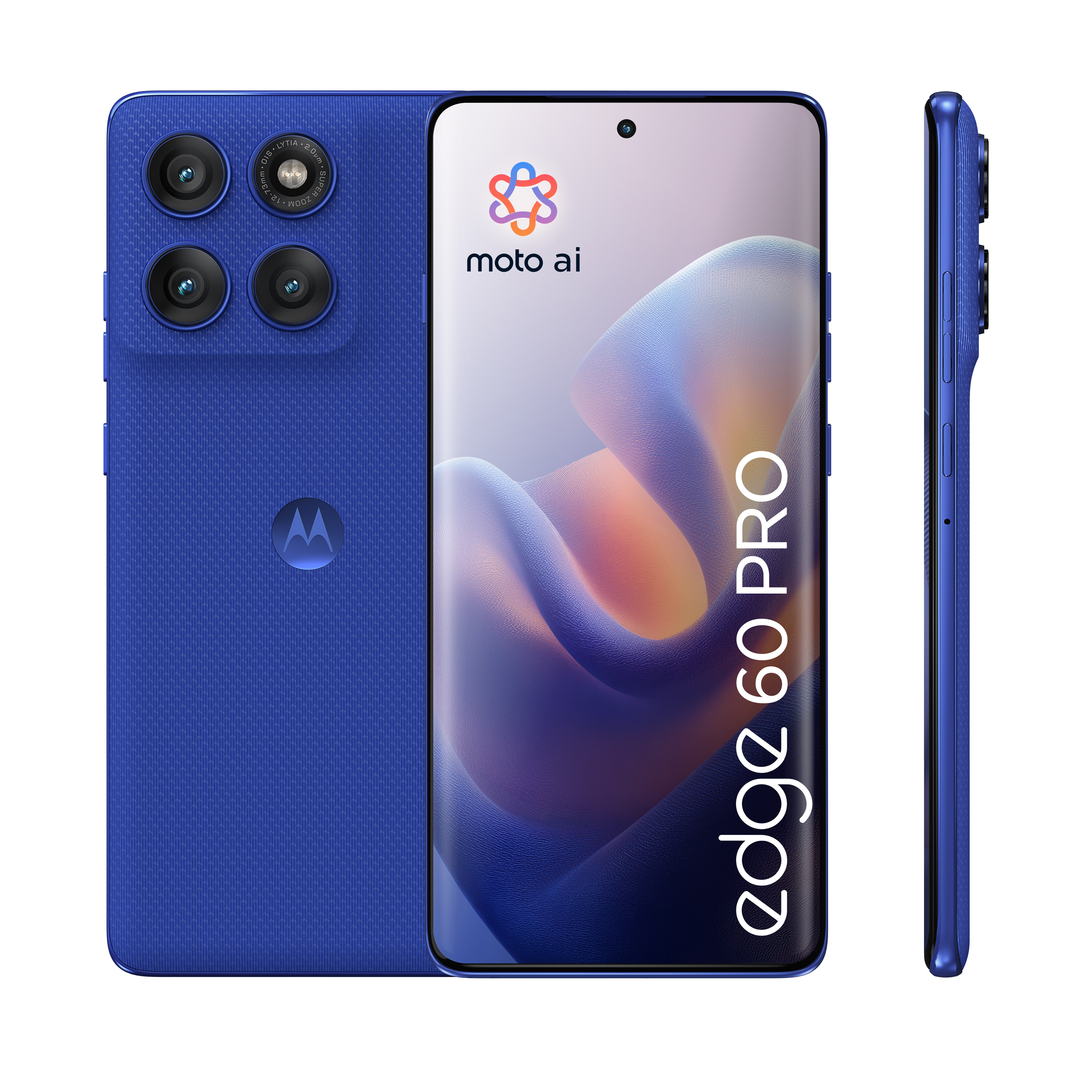 Niebieski smartfon Motorola z potrójnym aparatem z tyłu i napisem "edge 60 PRO".