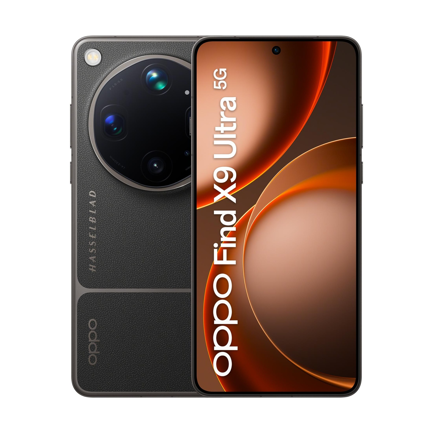 Uno smartphone Oppo Find X9 Ultra 5G nero con fotocamera Hasselblad. Lo schermo mostra un motivo astratto.