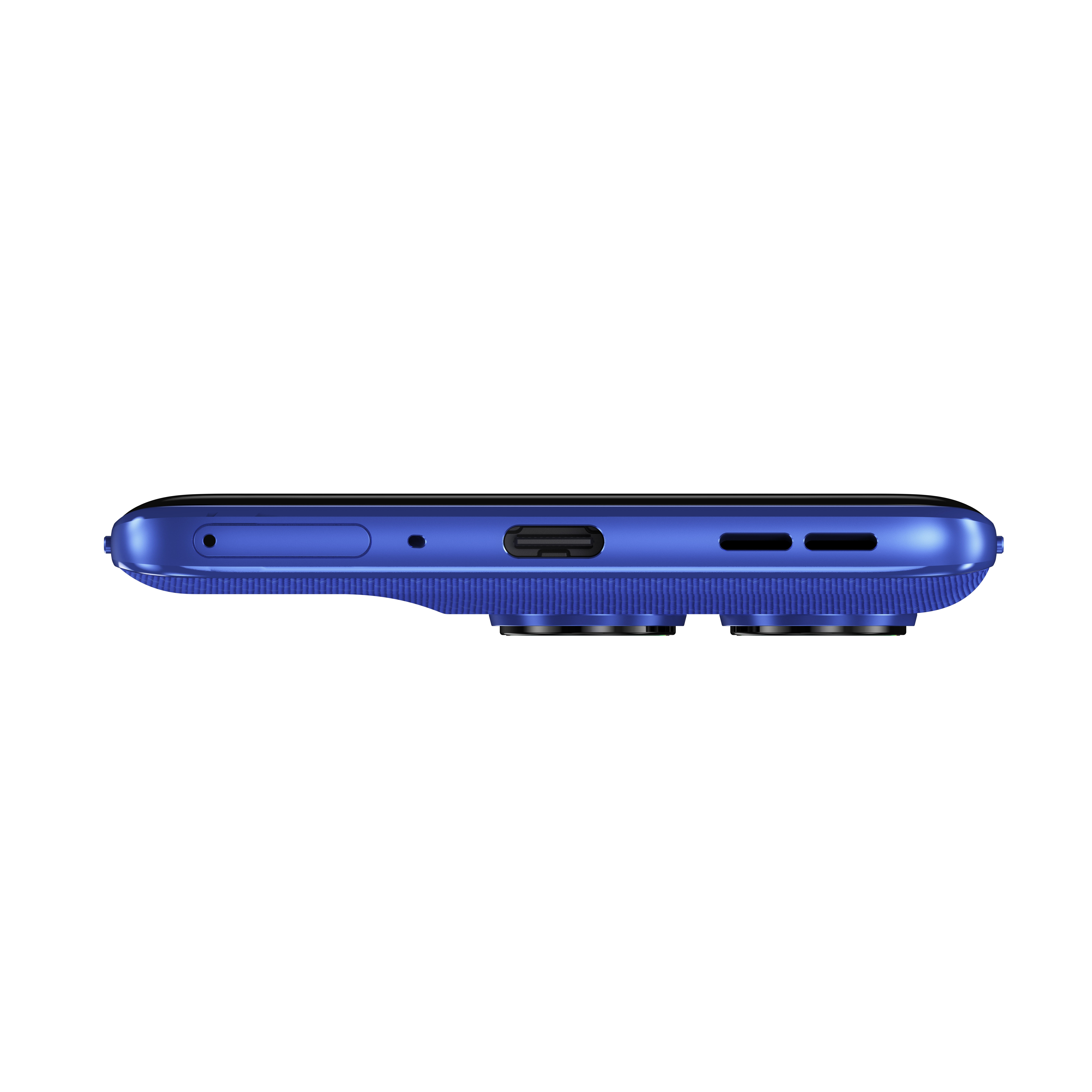 Niebieski smartfon z portami i aparatami na dolnej krawędzi.