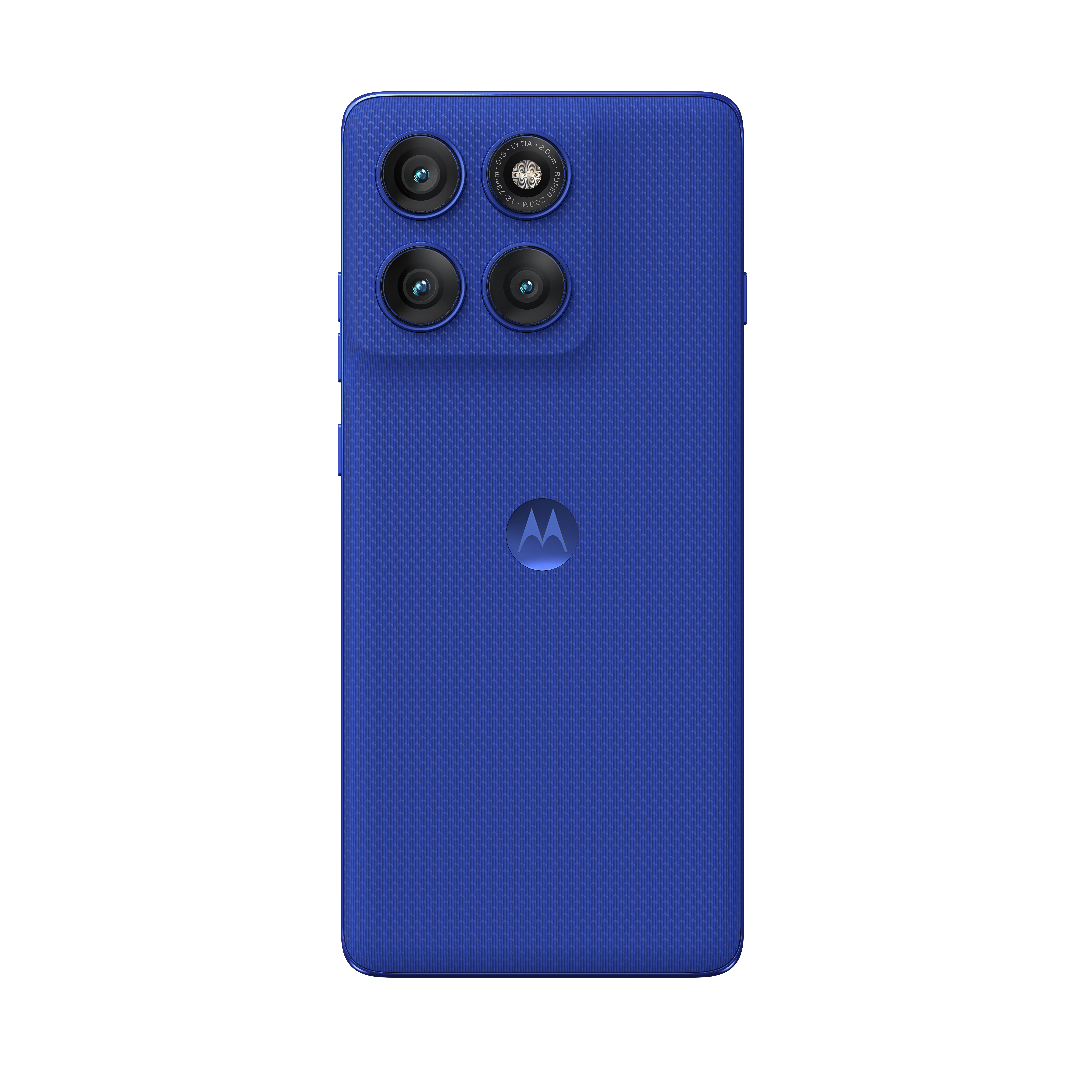 Niebieski smartfon z czterema tylnymi aparatami i logo Motorola na teksturowanym tyle.