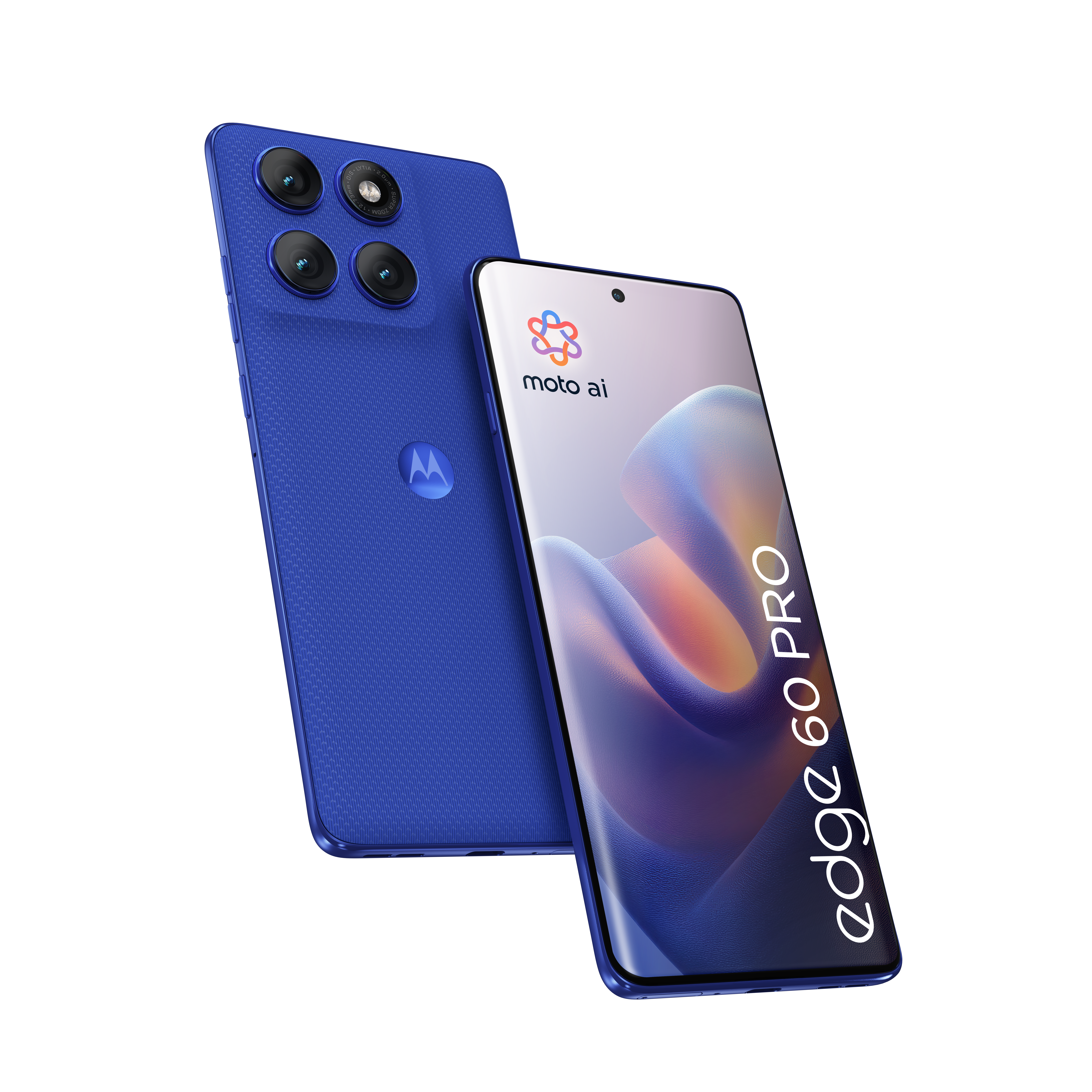 Dwa niebieskie smartfony Motorola Edge 60 Pro, jeden z aparatem, drugi z ekranem.