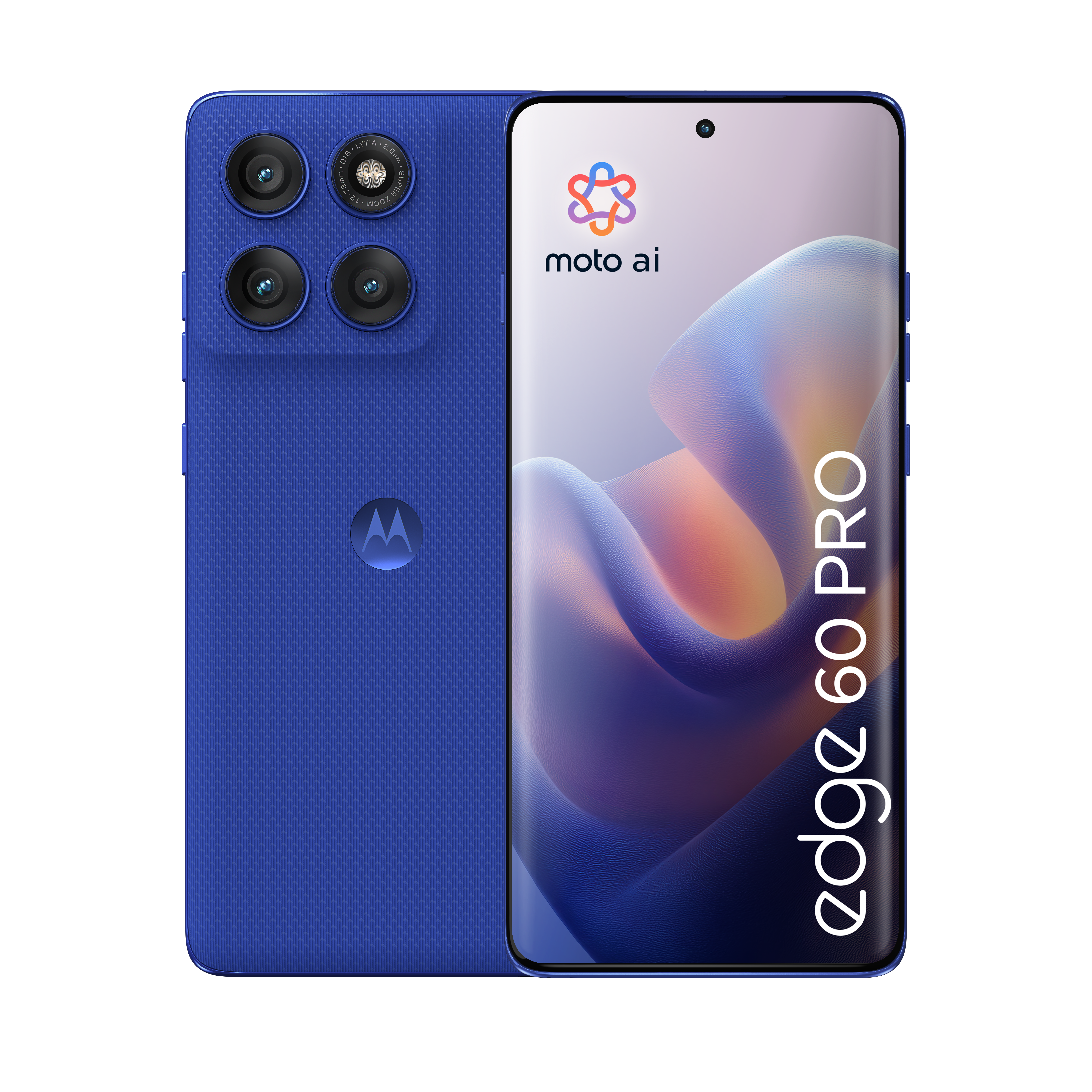 Niebieski telefon Motorola Edge 60 Pro z tylnym aparatem i ekranem.
