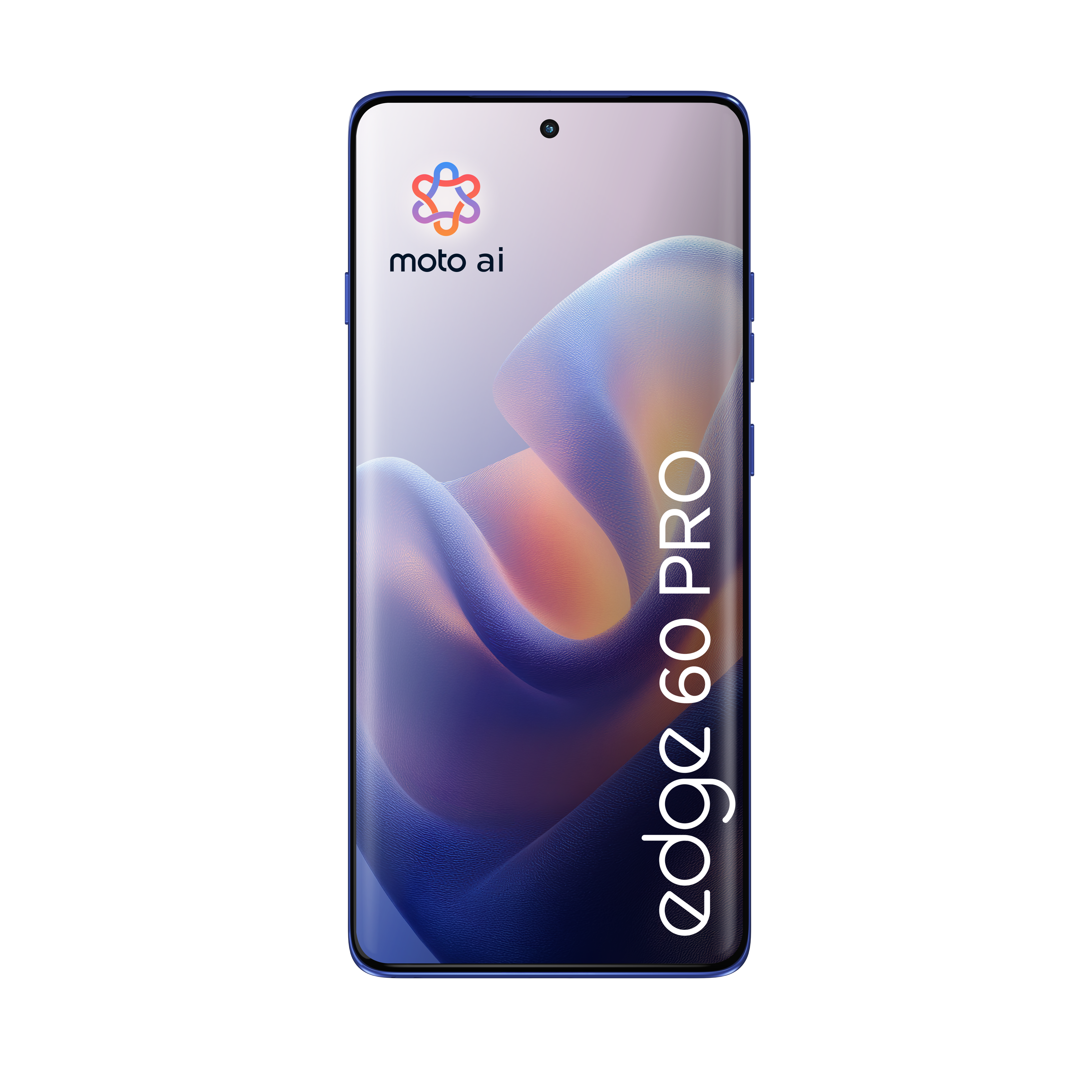 Niebieski smartfon Motorola Edge 60 Pro z kolorowym logo AI.