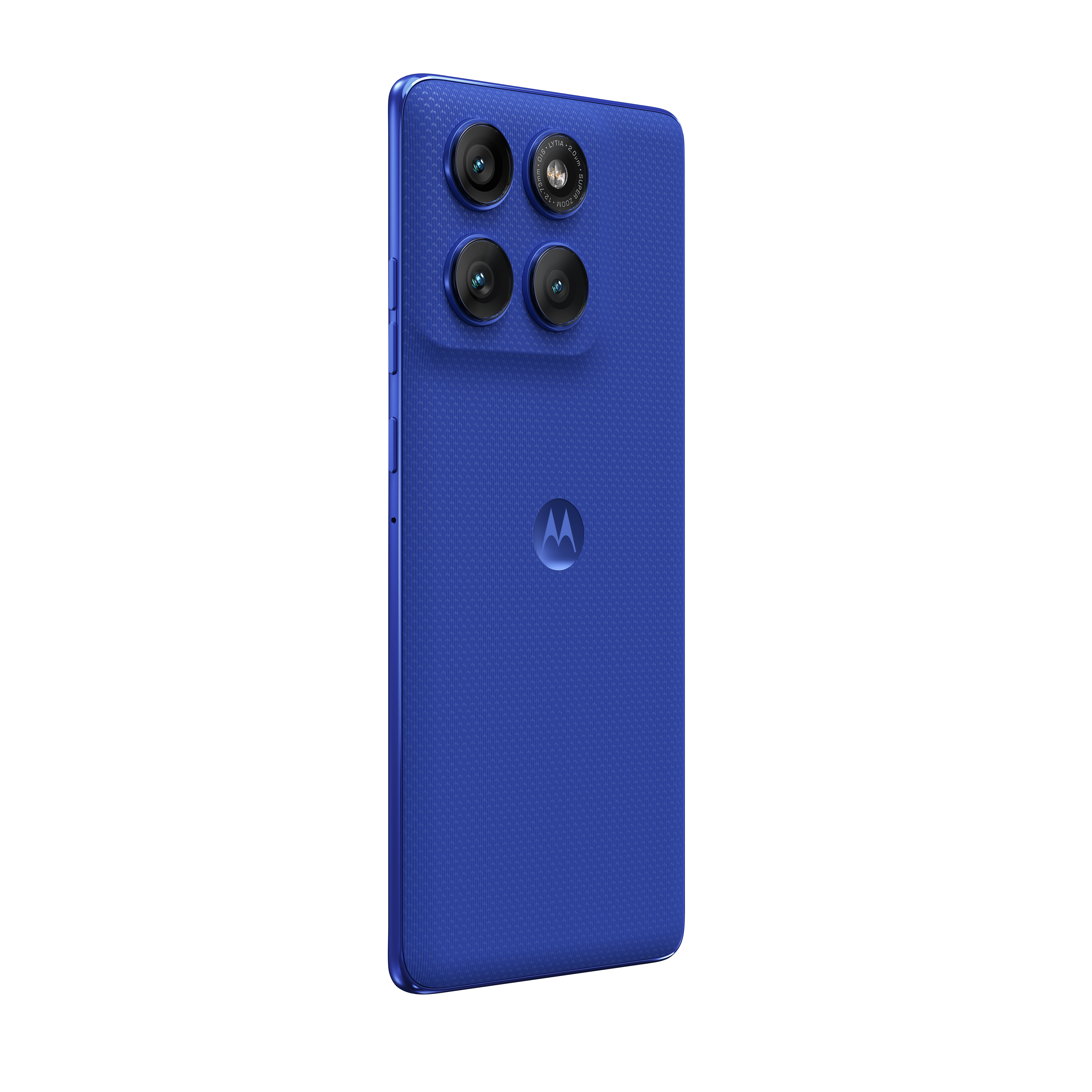 Niebieski smartfon z czterema aparatami i logo Motoroli z tyłu.