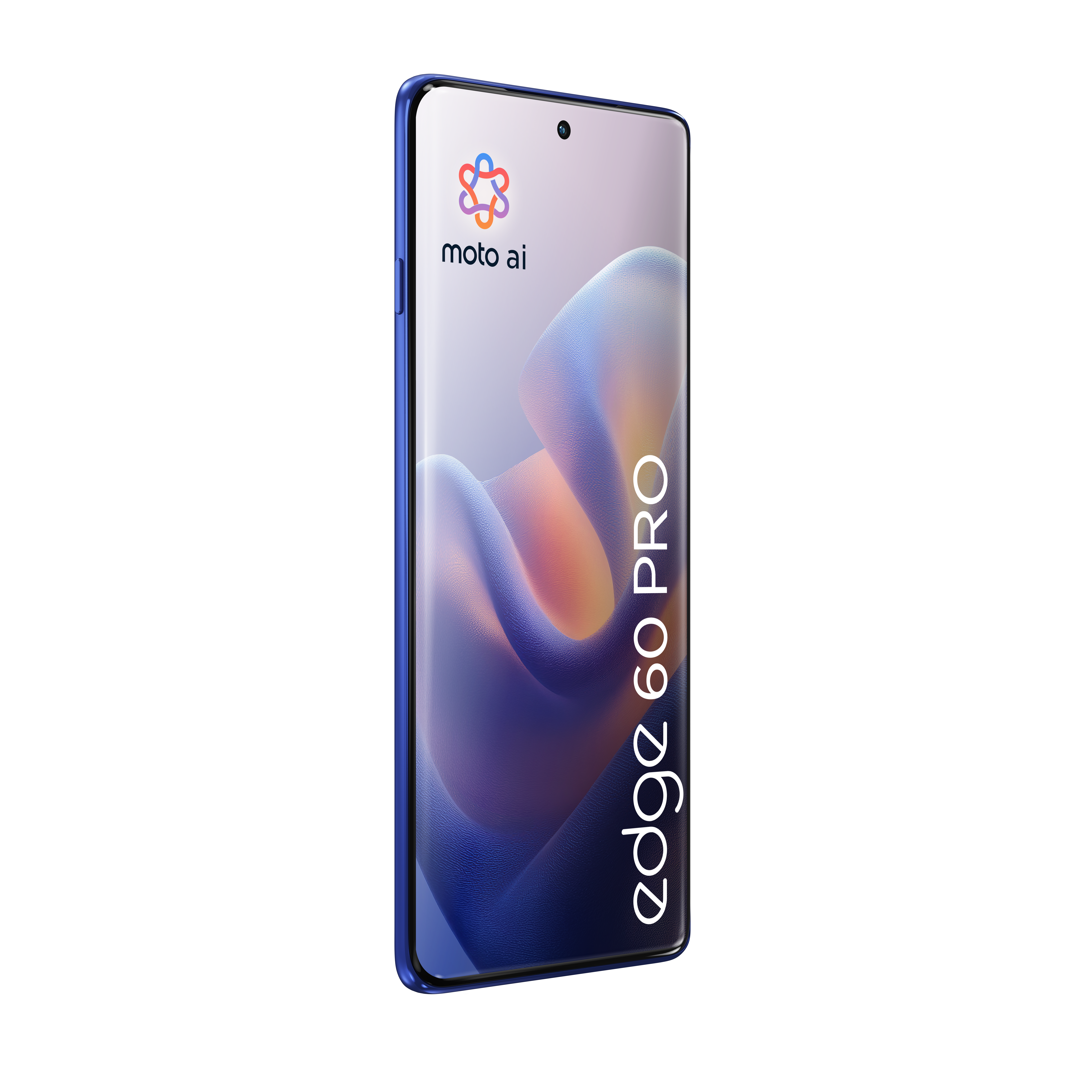 Niebieski smartfon Motorola z napisem 'edge 60 PRO' i logo Moto AI.