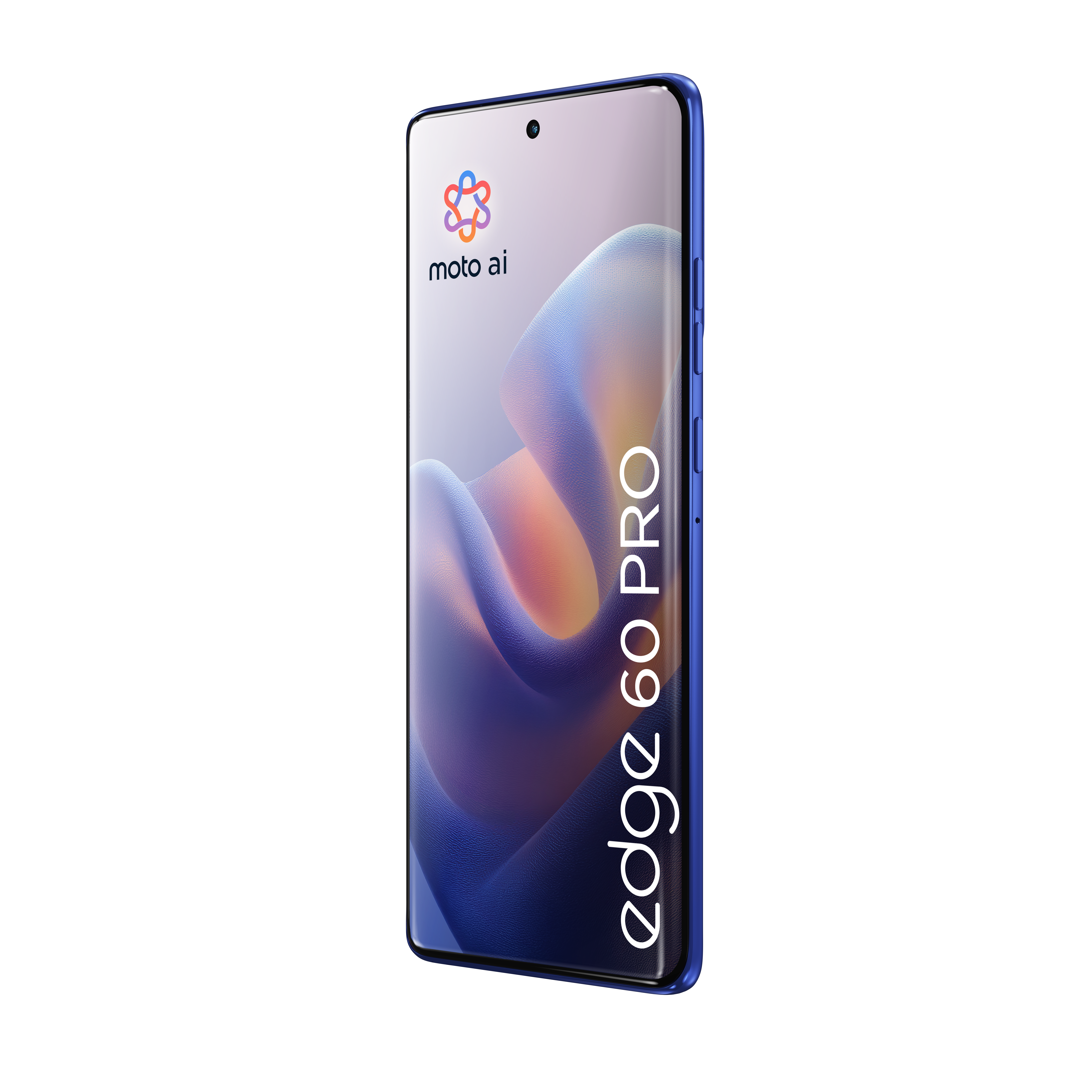 Niebieski smartfon Motorola Edge 60 Pro z logo Moto AI.