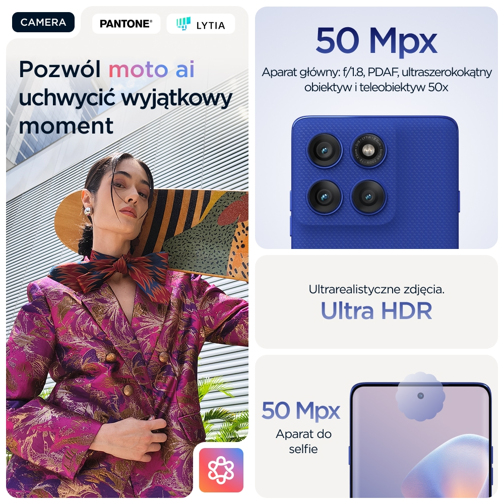 Kobieta w marynarce we wzory trzyma deskorolkę. Obok szczegóły aparatu telefonu komórkowego.