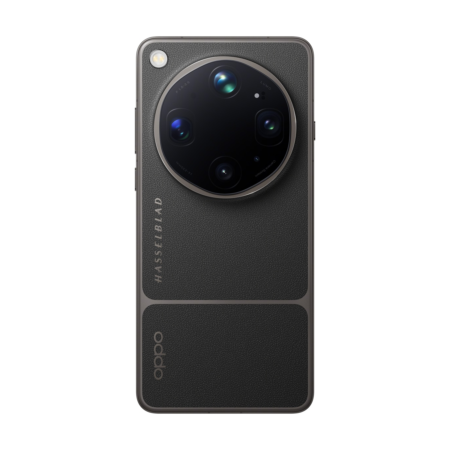 Retro di uno smartphone nero con fotocamera Hasselblad e logo Oppo.