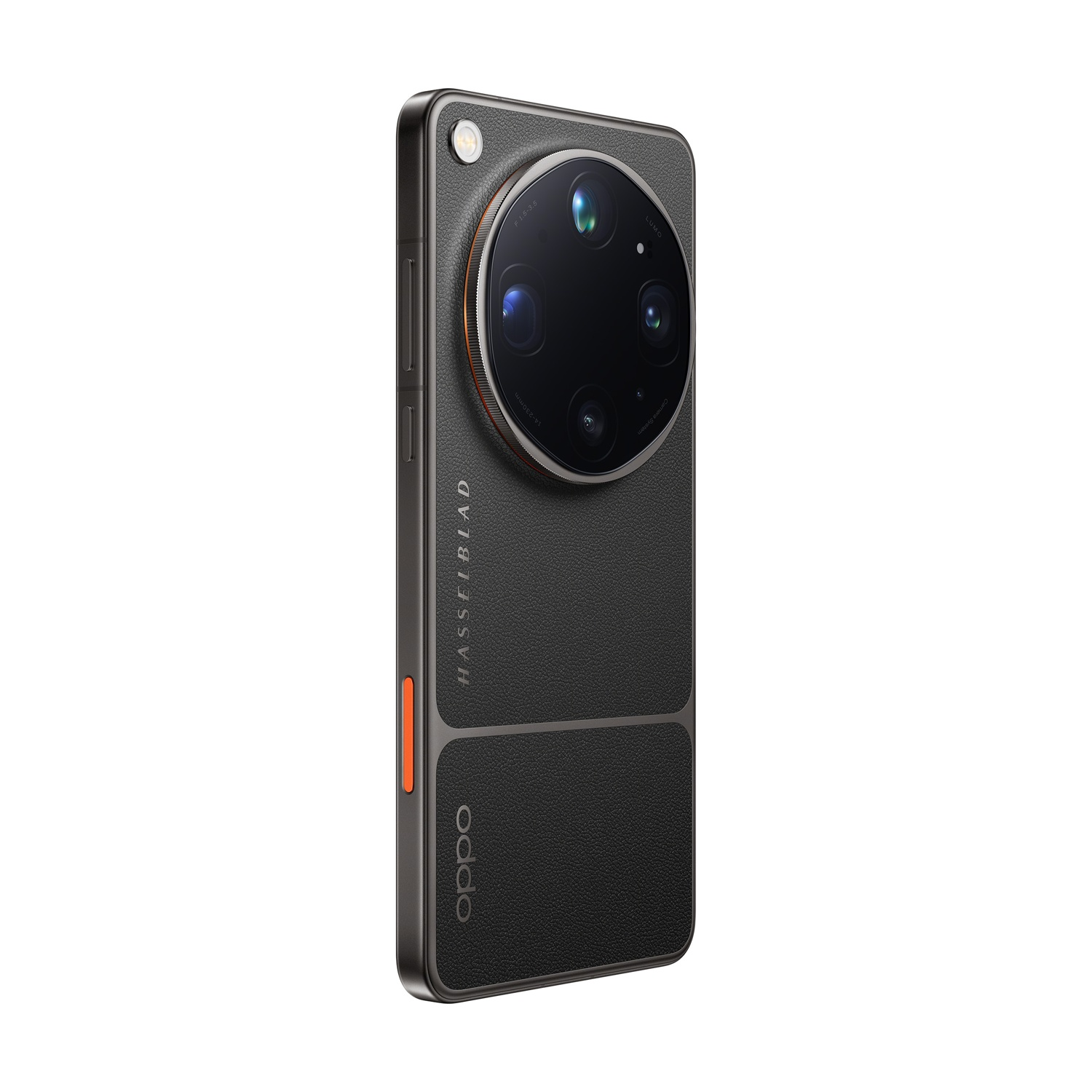 Retro di uno smartphone nero con fotocamera Hasselblad e logo Oppo.