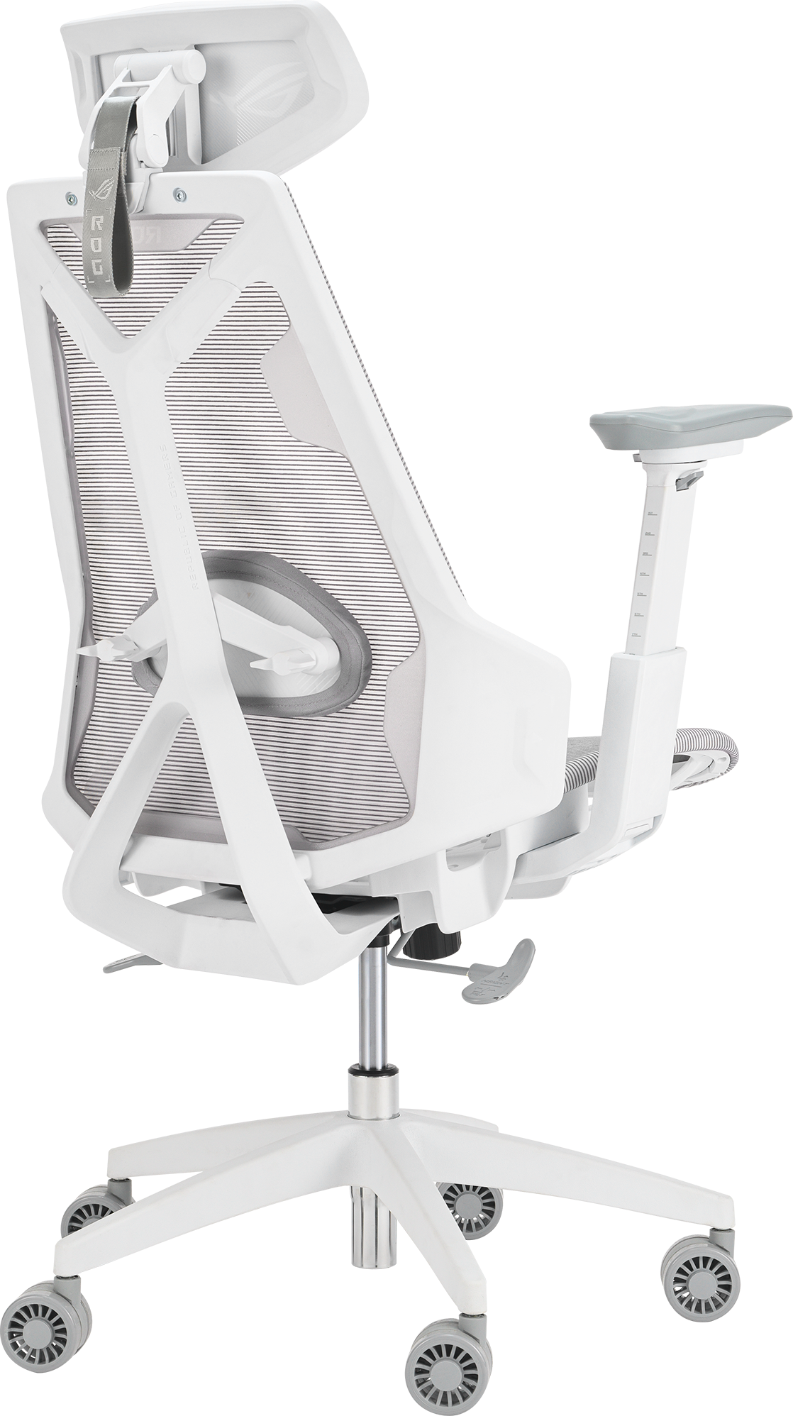 Sedia da ufficio bianca ergonomica con schienale in rete e poggiatesta.