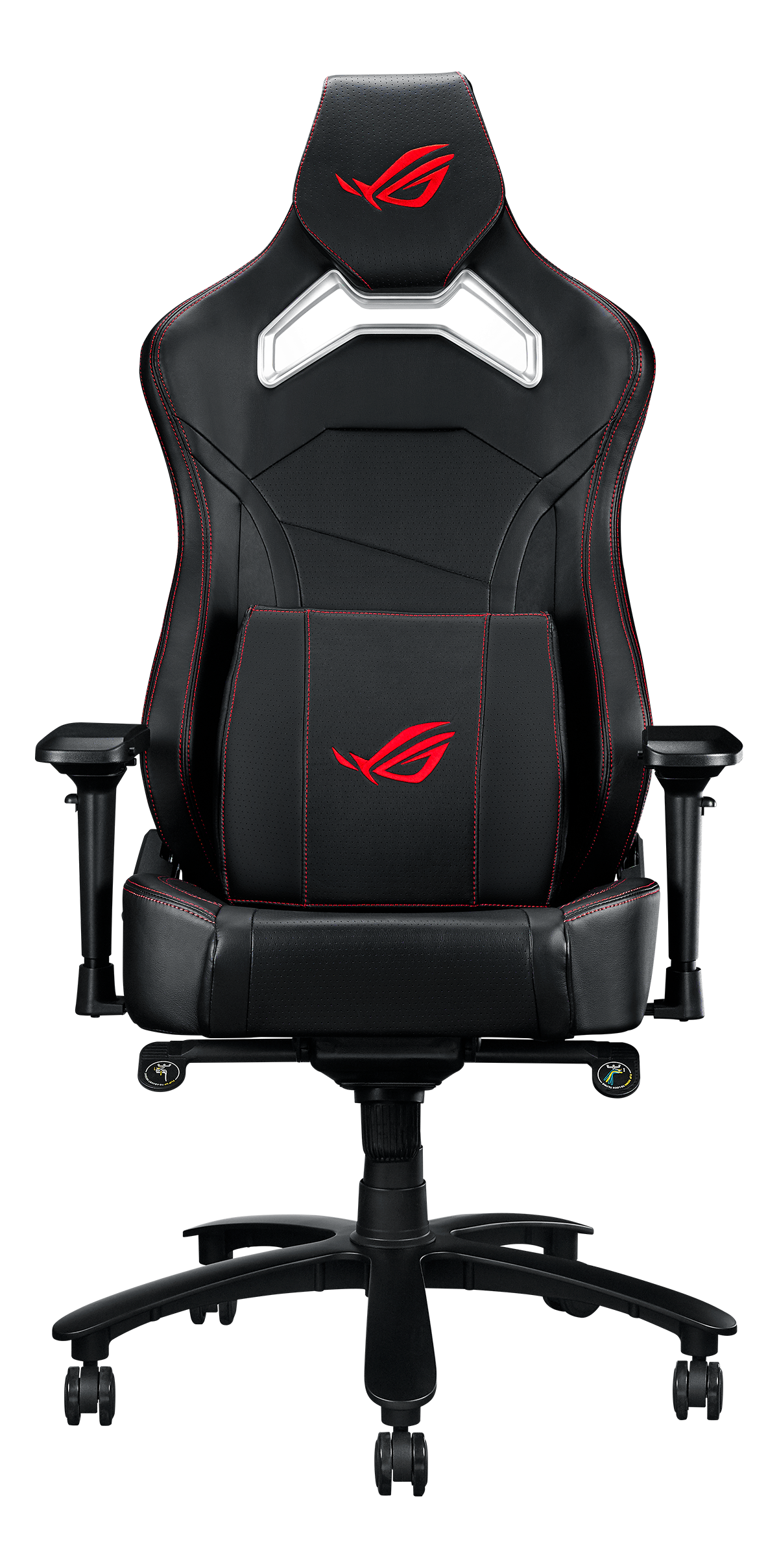Chaise gamer noire avec surpiqûres rouges et logo ROG.