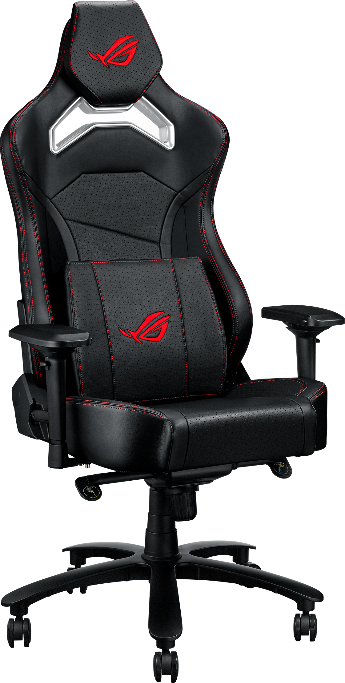 Chaise gamer noire avec coutures rouges et logo ROG, avec coussin lombaire.