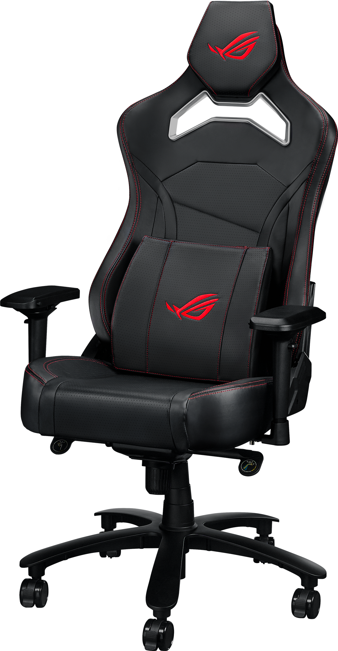 Chaise gaming noire avec surpiqûres rouges et logo ROG. Oreiller lombaire inclus.