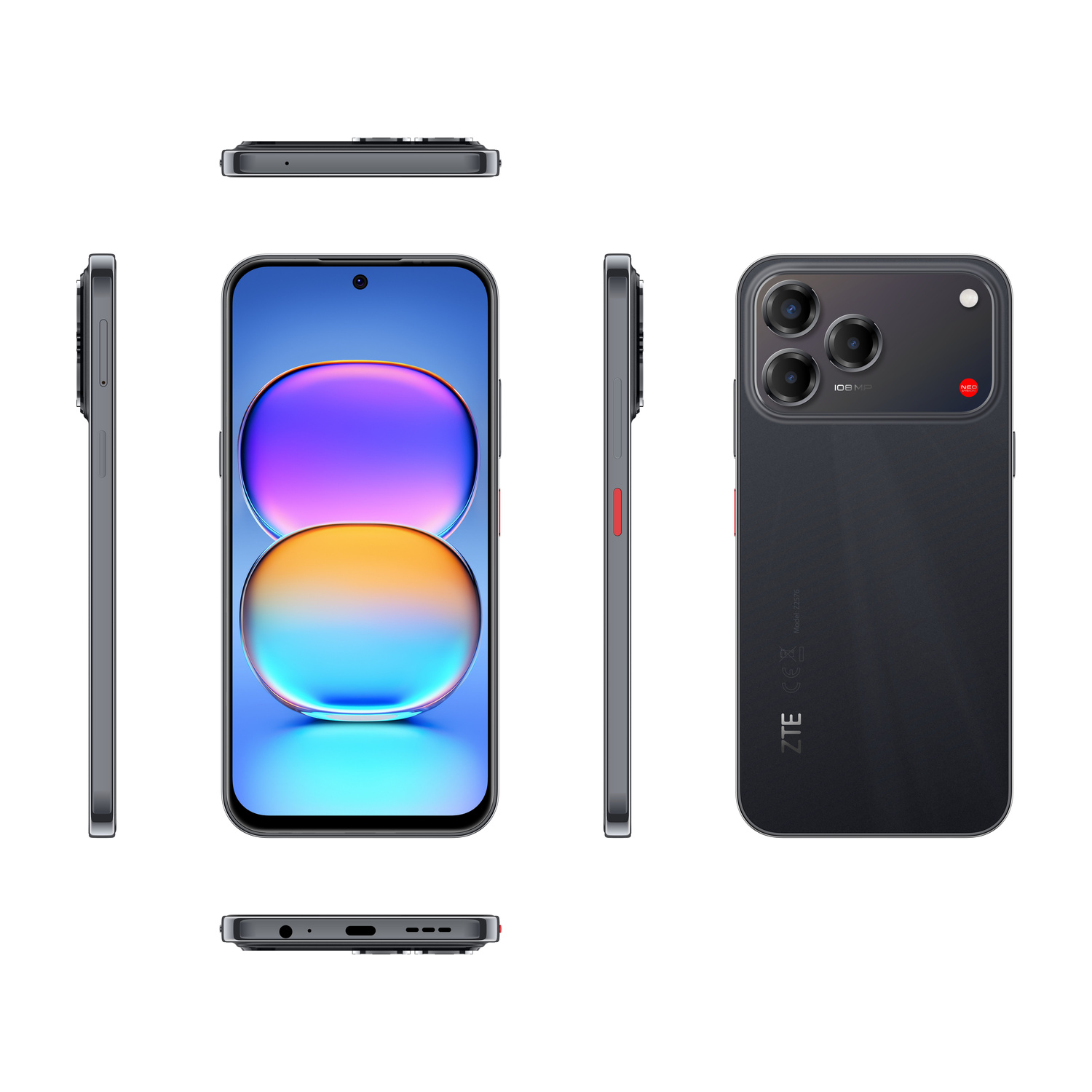 Uno smartphone ZTE Nubia Z50 Ultra grigio scuro, mostrato da più angolazioni, con tre fotocamere.