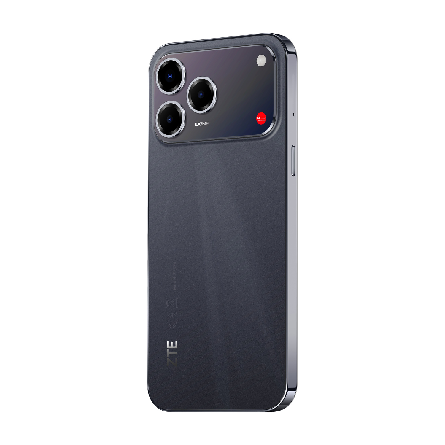 Retro smartphone grigio scuro con tre fotocamere, testo 108MP e logo ZTE.