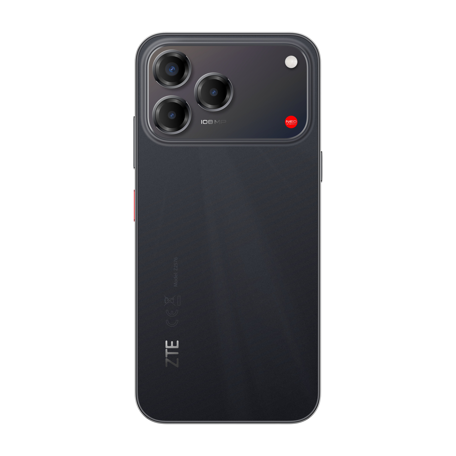Smartphone grigio scuro con tre fotocamere posteriori e logo rosso NEO VISION.
