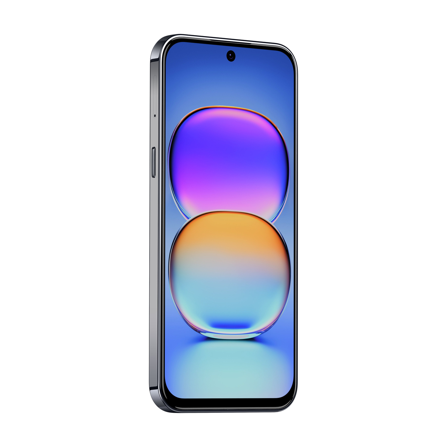 Smartphone argentato con sfondo colorato e due elementi circolari.