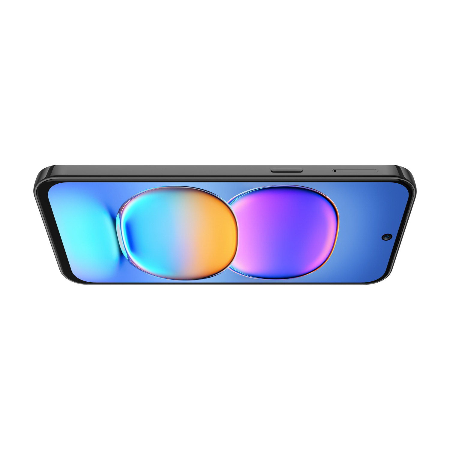 Uno smartphone nero con uno sfondo colorato di cerchi blu e arancioni.