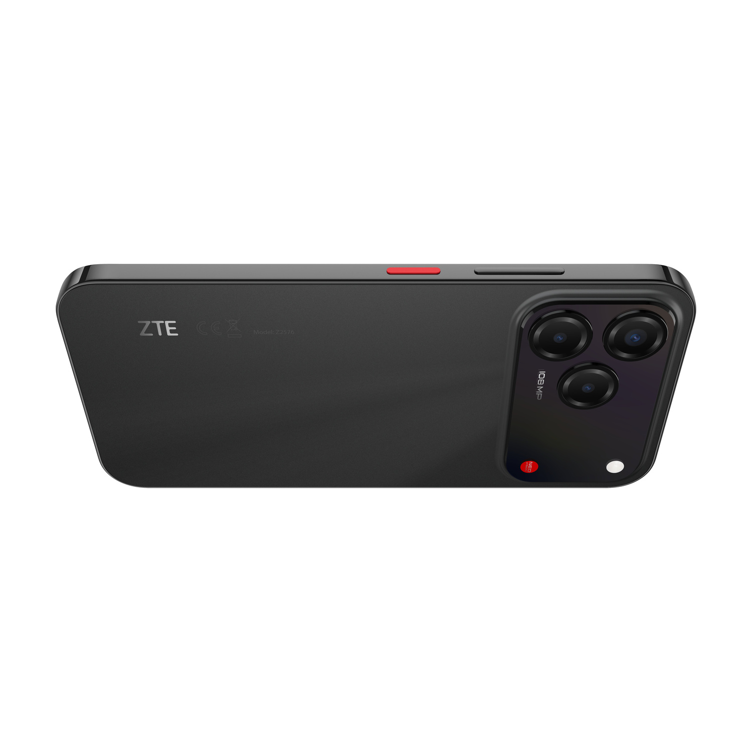 Smartphone nero con tre fotocamere e un pulsante rosso in alto.
