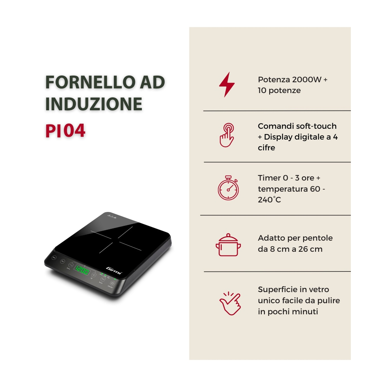 Fornello a induzione con display digitale, comandi soft-touch e timer.