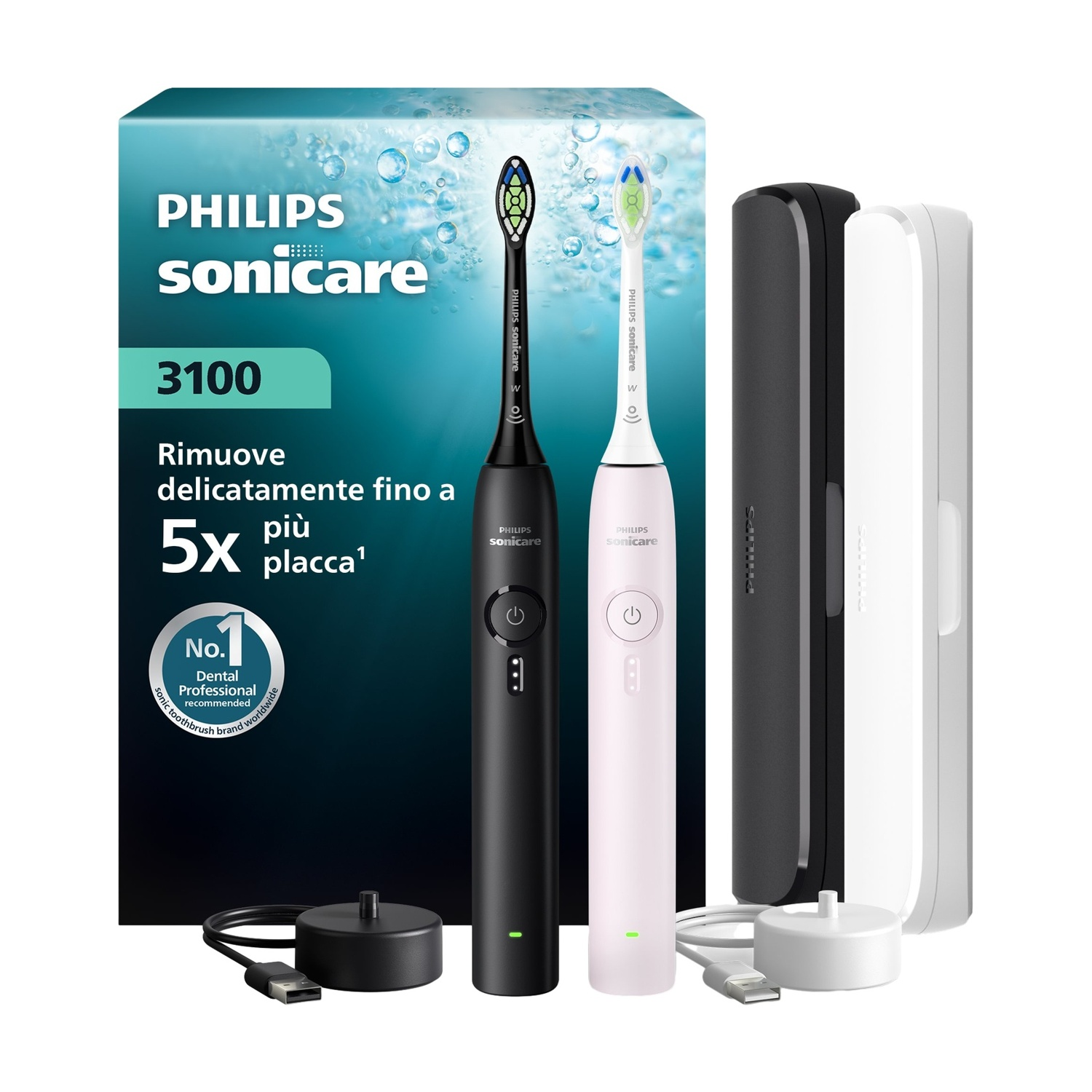 Due spazzolini Philips Sonicare (nero, rosa), caricatori e astucci da viaggio.