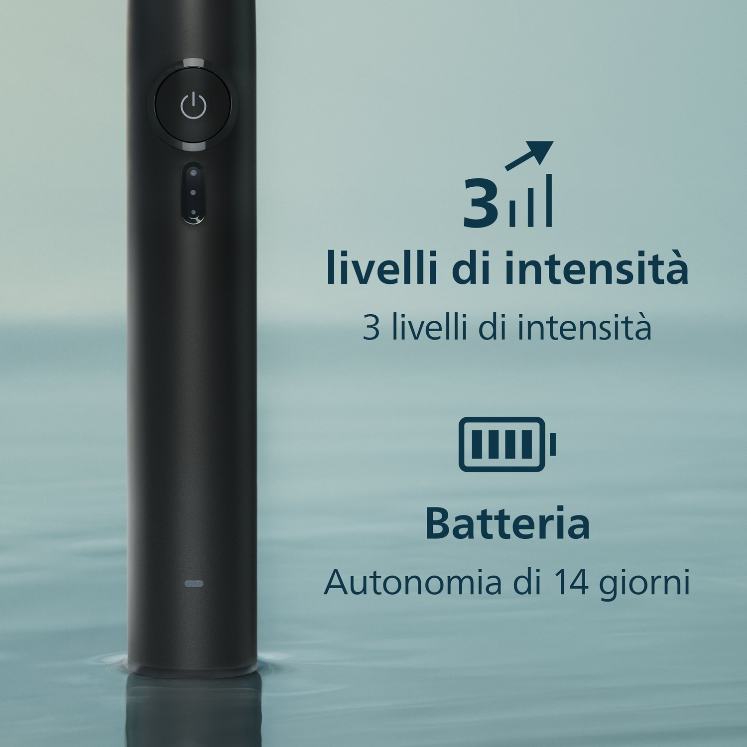 Spazzolino nero con 3 livelli di intensità e batteria da 14 giorni.