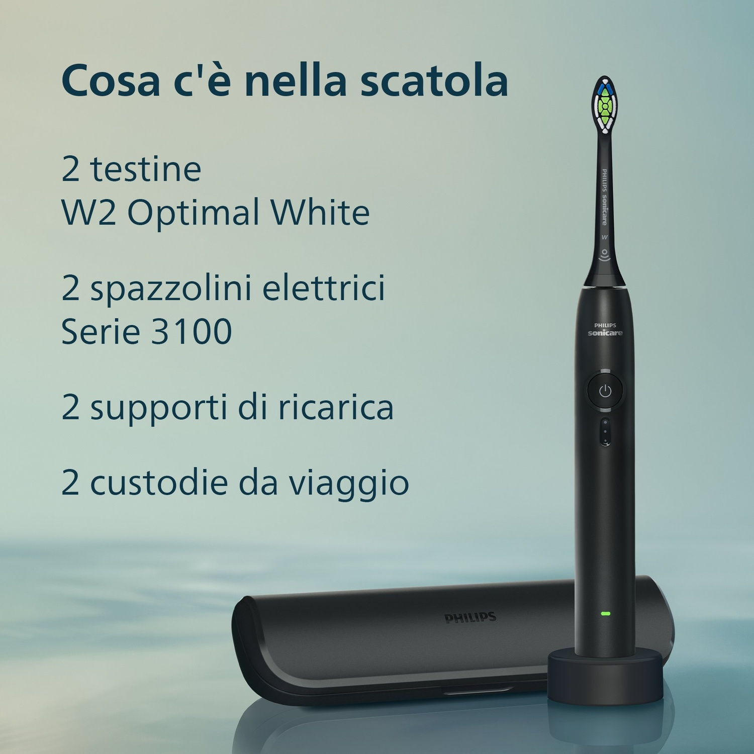 Spazzolino elettrico nero con accessori su sfondo blu.
