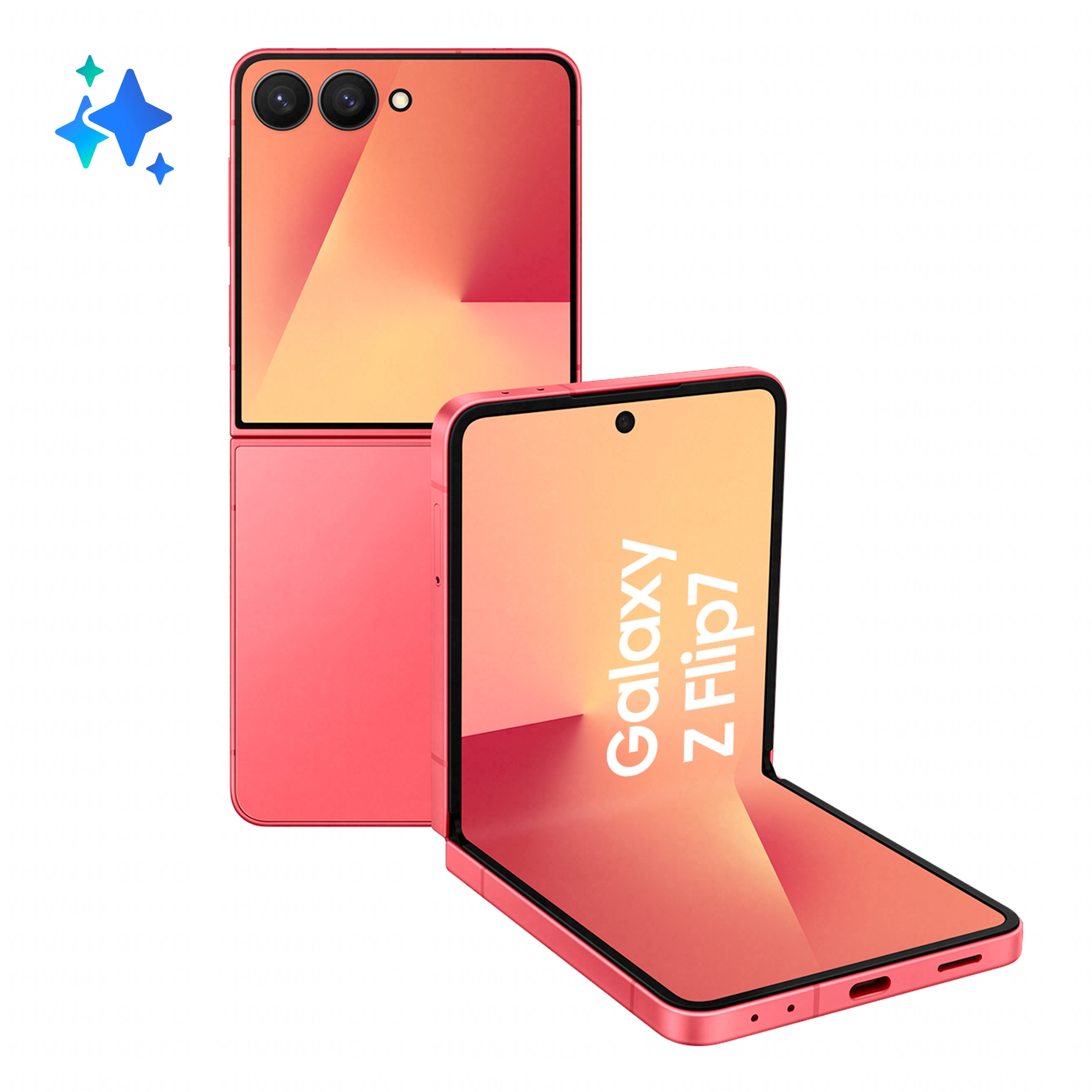 Różowy telefon z klapką, z dwoma tylnymi aparatami i napisem „Galaxy Z Flip7” na ekranie.