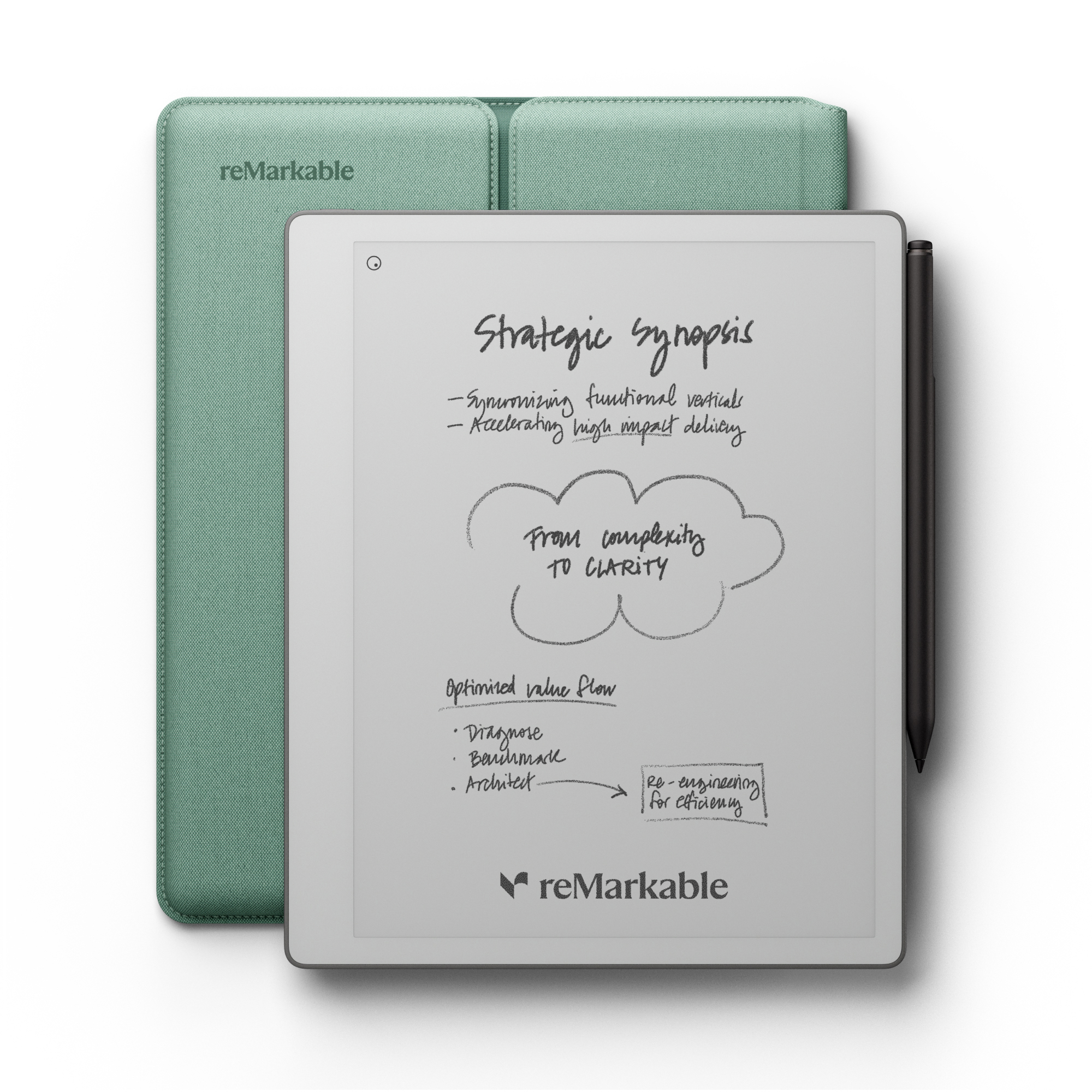 Ein grünes reMarkable-Tablet mit Stift und Notizen zu strategischer Synopse.