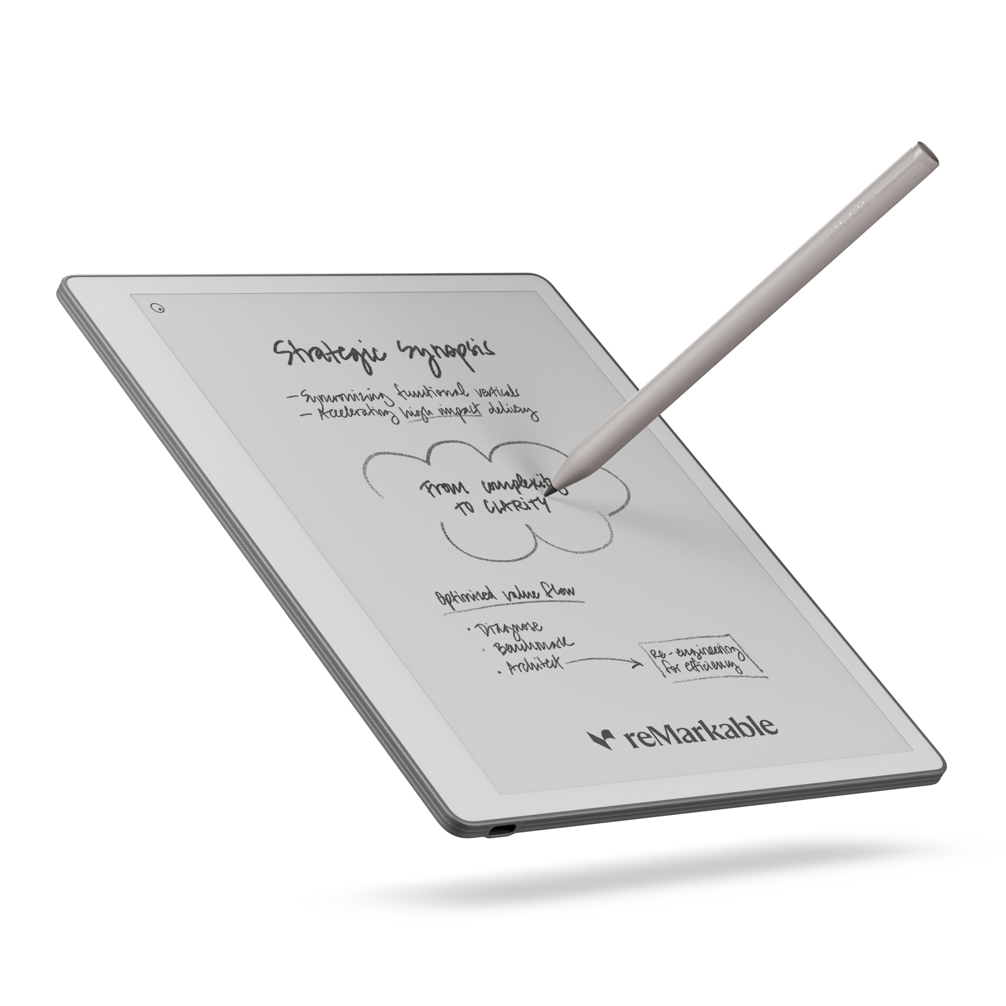Ein Tablet mit Stift zeigt strategische Notizen: Von Komplexität zu Klarheit.