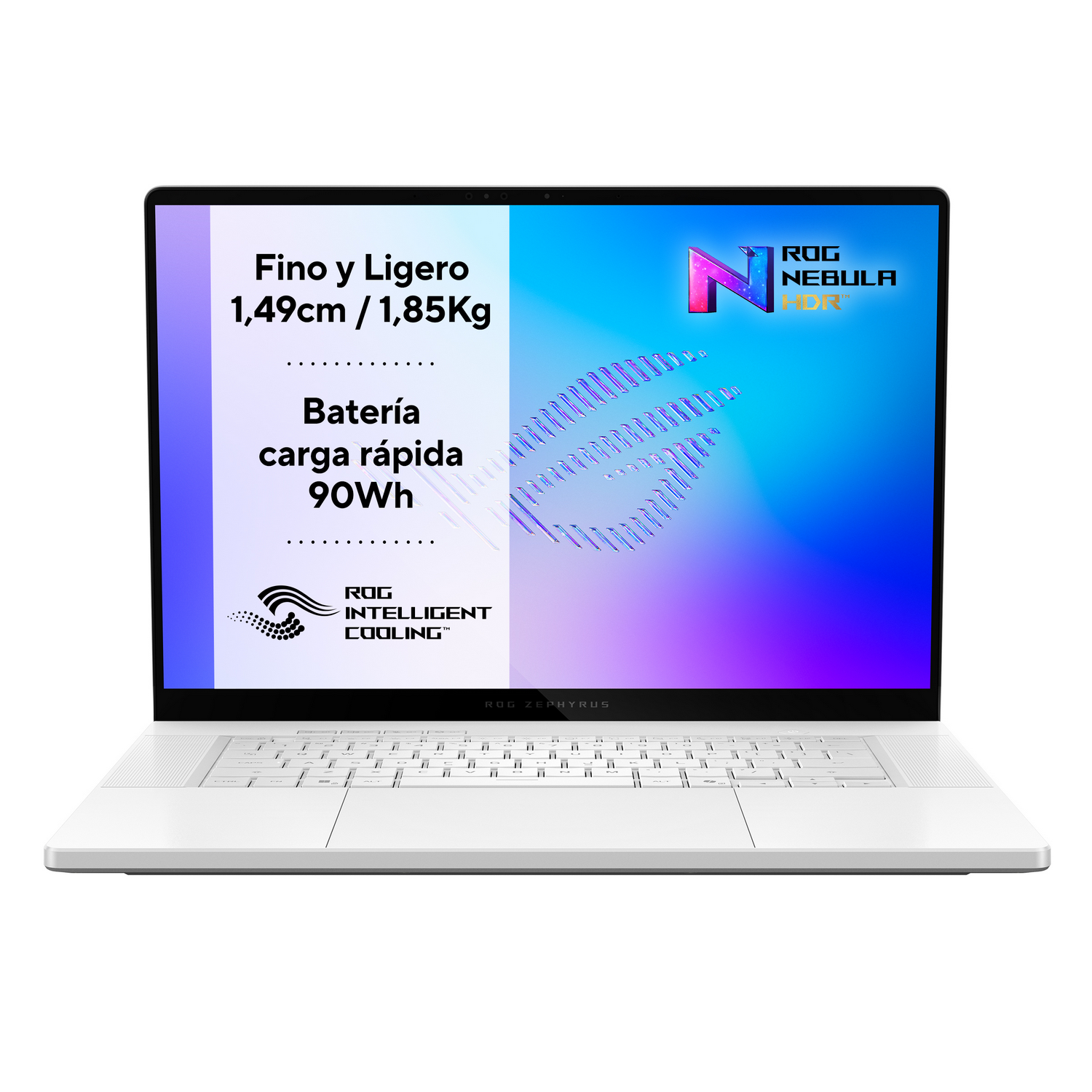 Portátil blanco ROG Zephyrus con texto "Fino y Ligero".