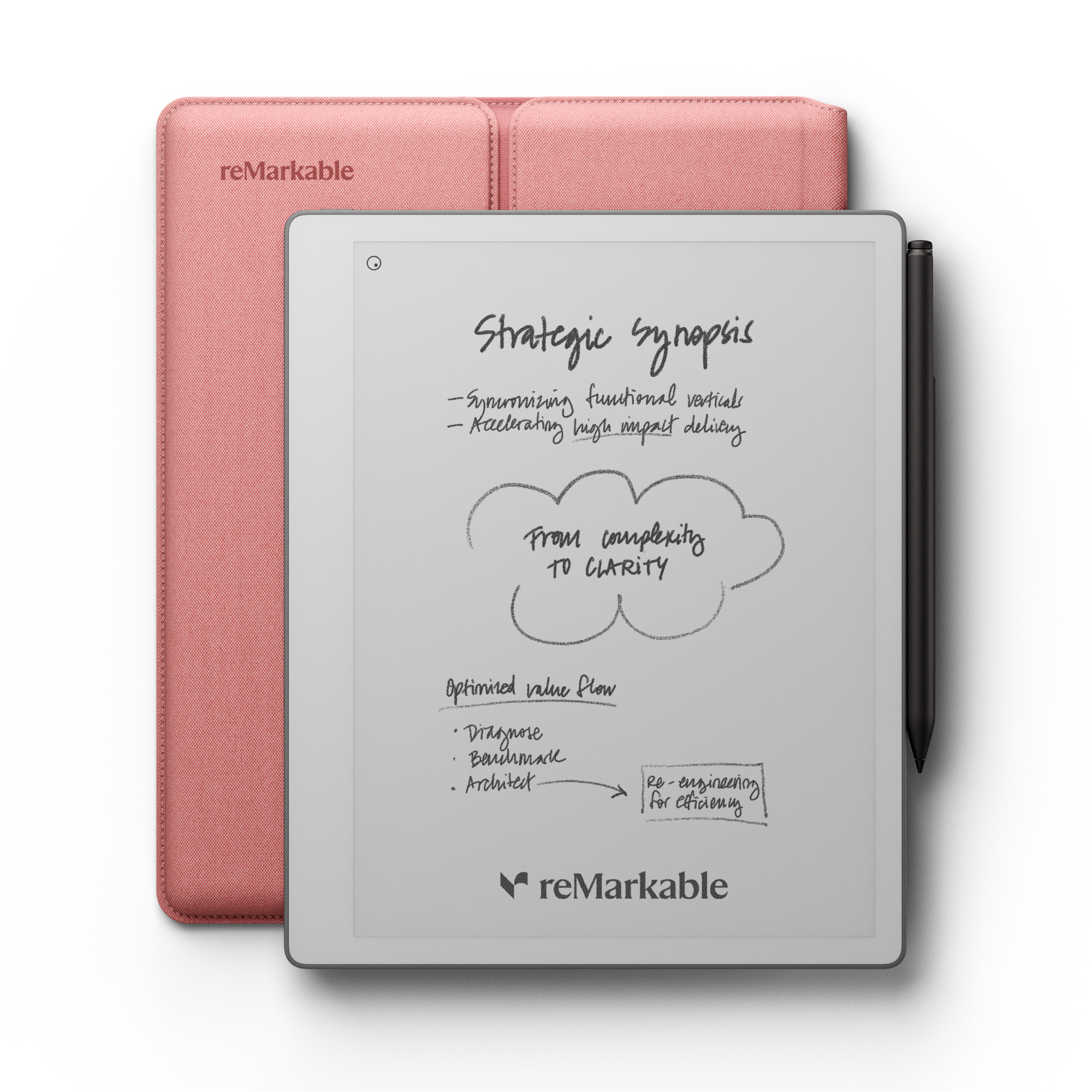 Ein rosafarbener Bezug liegt neben einem E-Reader mit handschriftlichen Notizen.