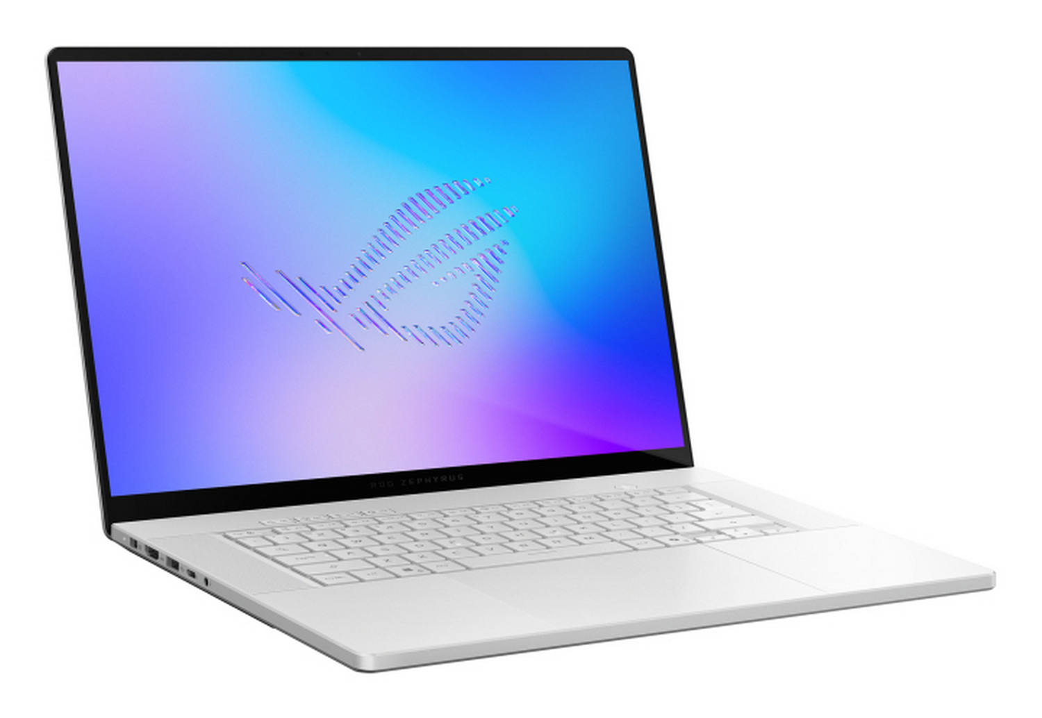Un portátil blanco muestra un logo de ROG Zephyrus sobre fondo azul y morado.