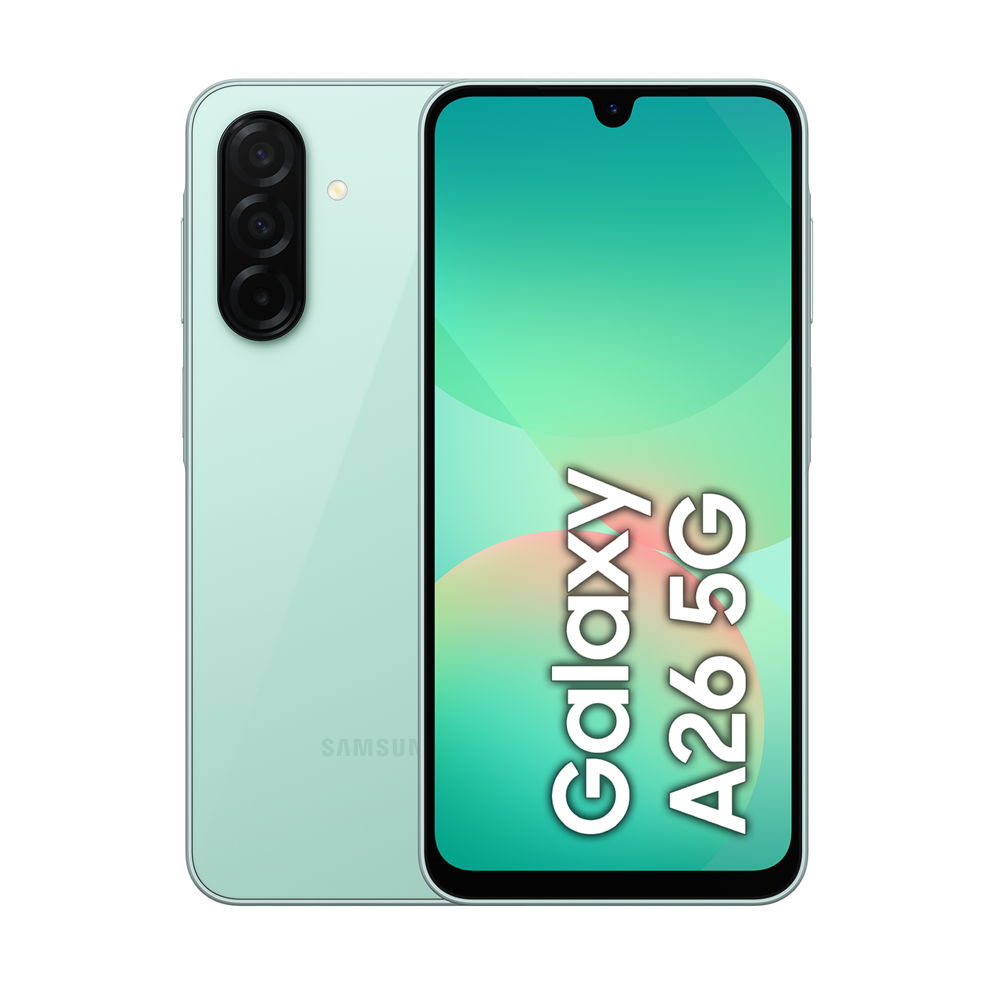 Miętowo-zielony smartfon Samsung Galaxy A26 5G z potrójnym aparatem.