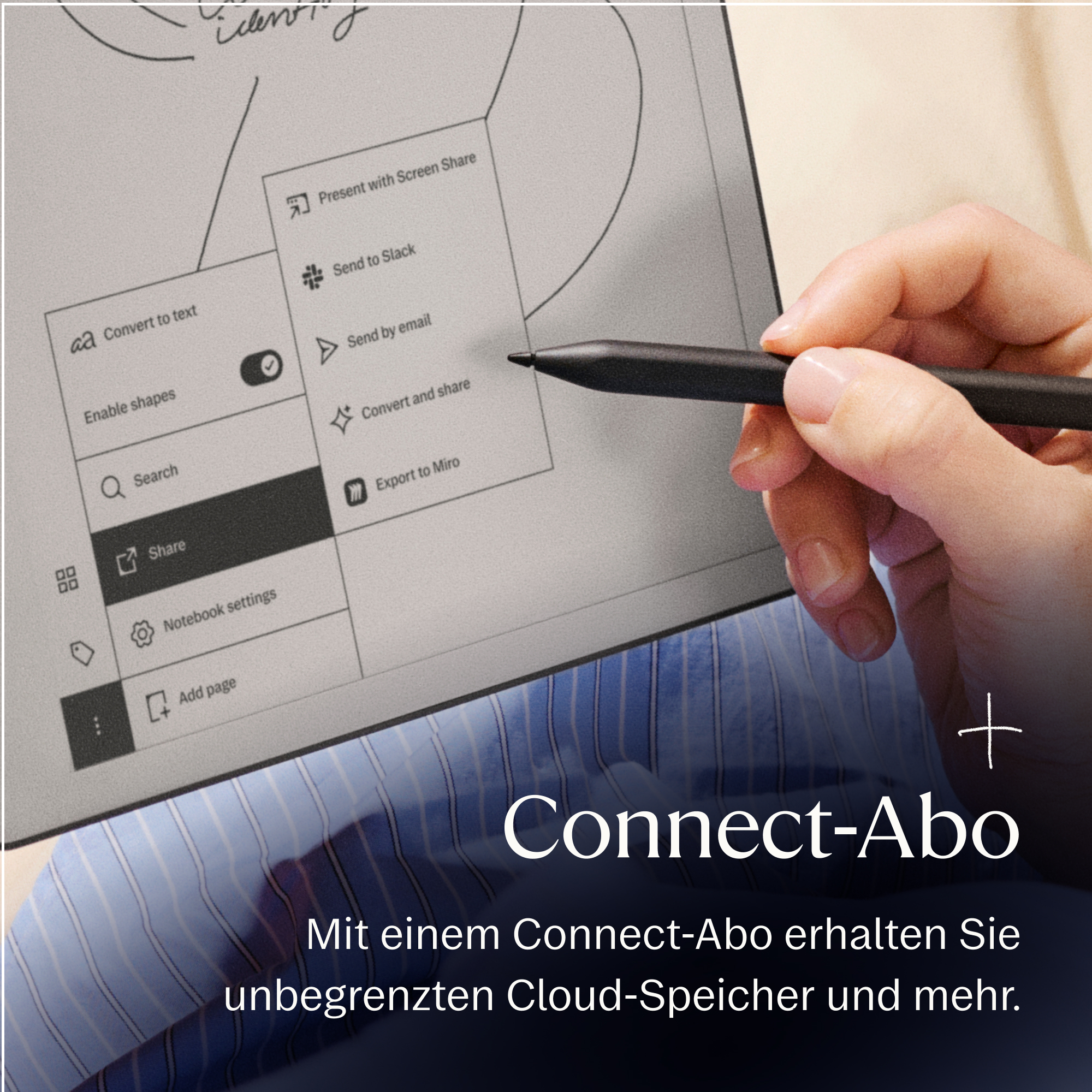 Ein Stift hält eine Person in der Nähe eines Tablets mit Menüoptionen.