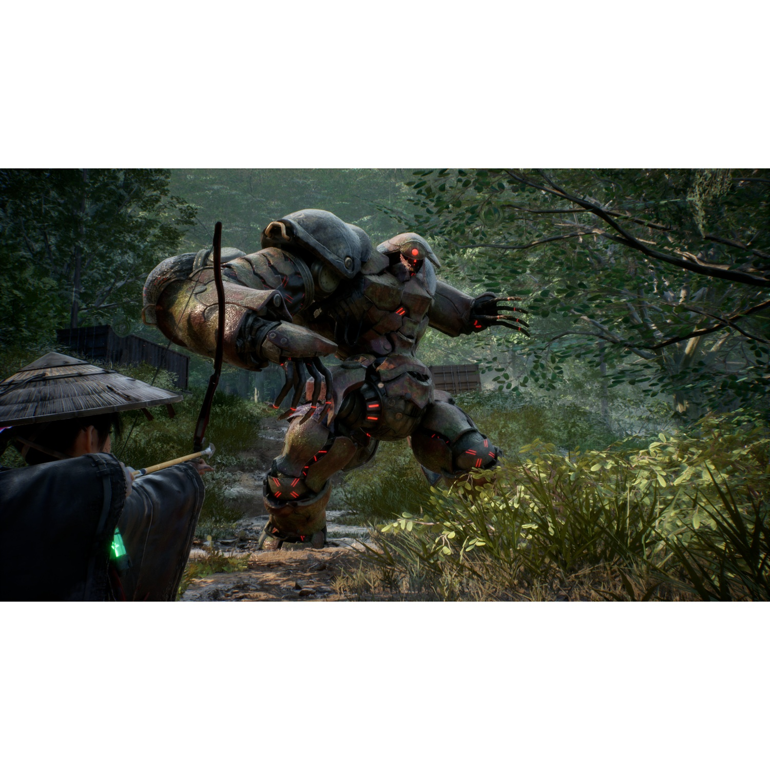 Un guerrier avec un chapeau pointe un arc sur un mecha géant dans une forêt.