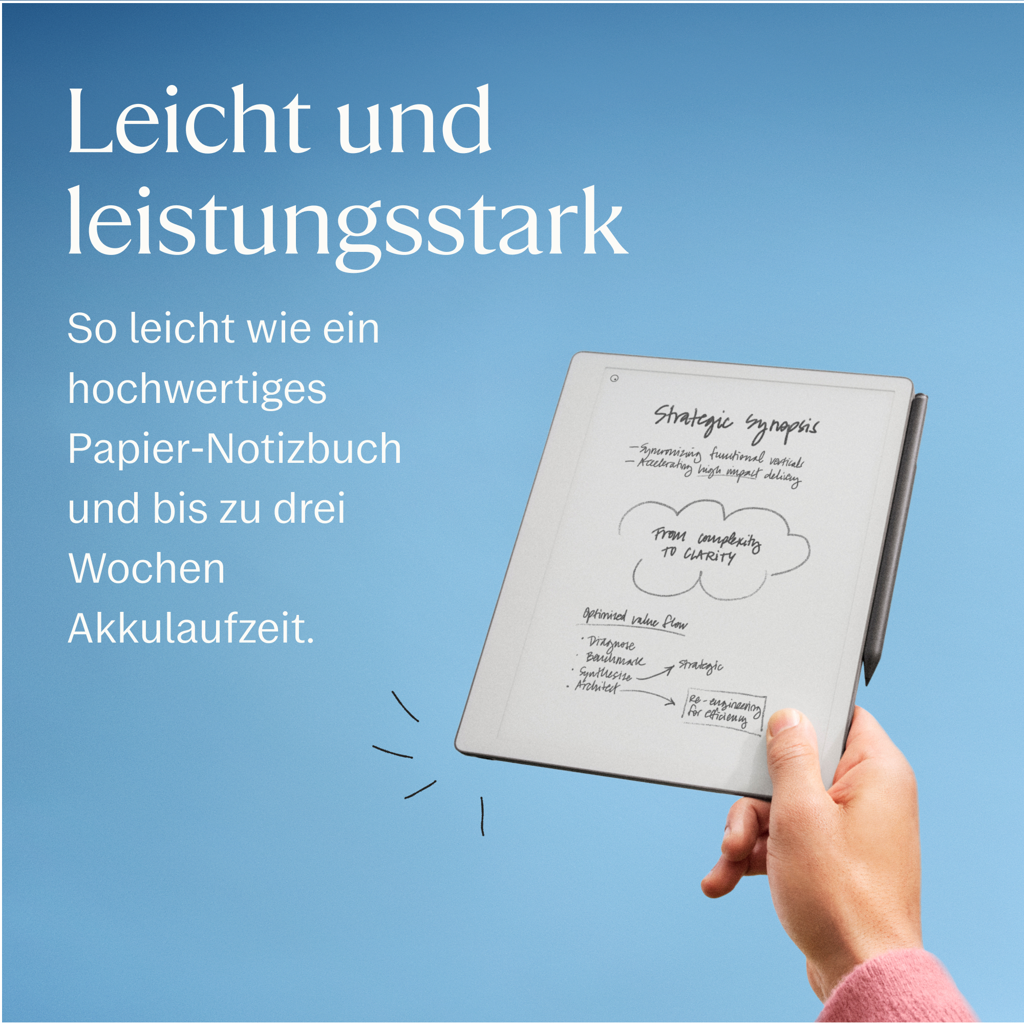 Hand hält E-Ink-Tablet mit Notizen, Text