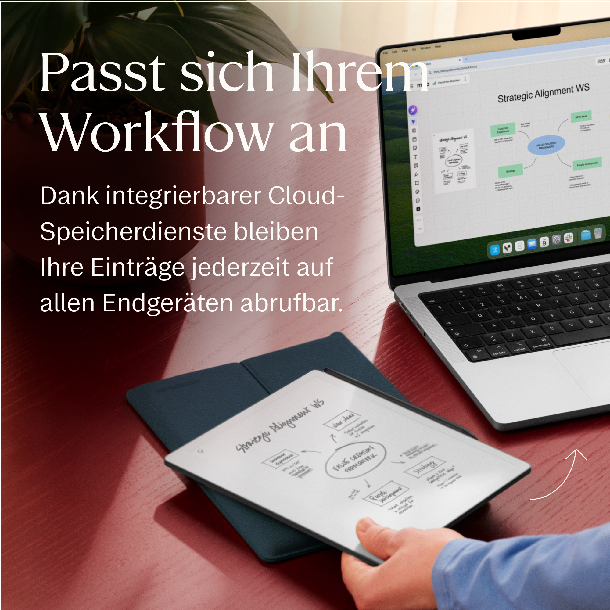 Laptop und Tablet auf rotem Schreibtisch zeigen Mindmaps. Text-Overlay auf Deutsch.