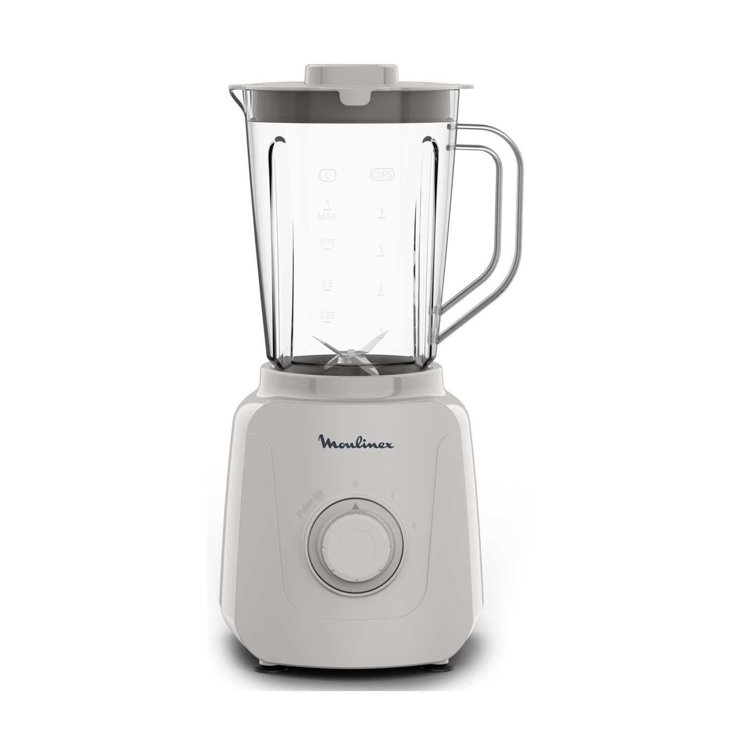 Un frullatore Moulinex bianco con brocca trasparente, coperchio grigio e manico argentato.