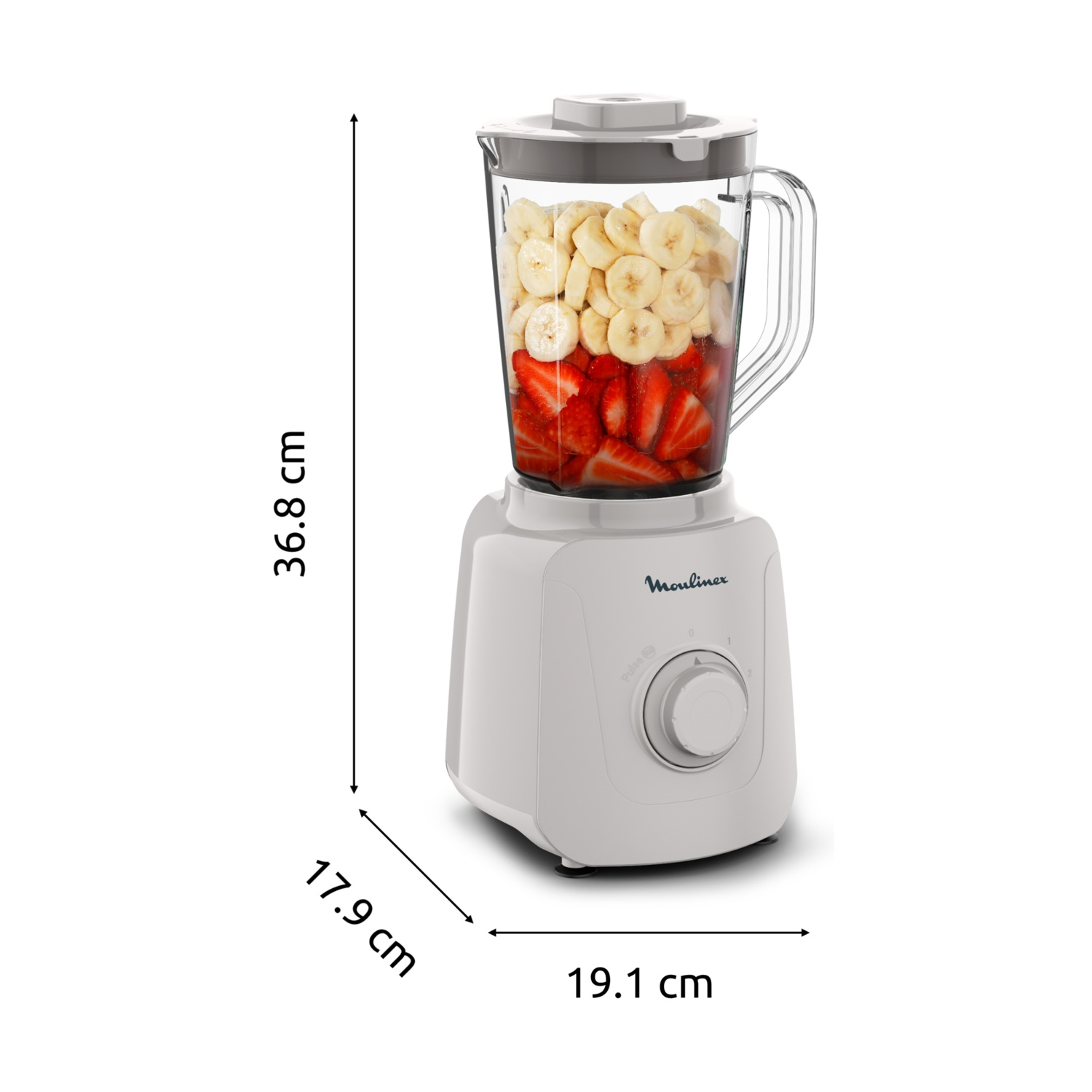 Frullatore Moulinex bianco con fragole e banane affettate. Dimensioni mostrate.