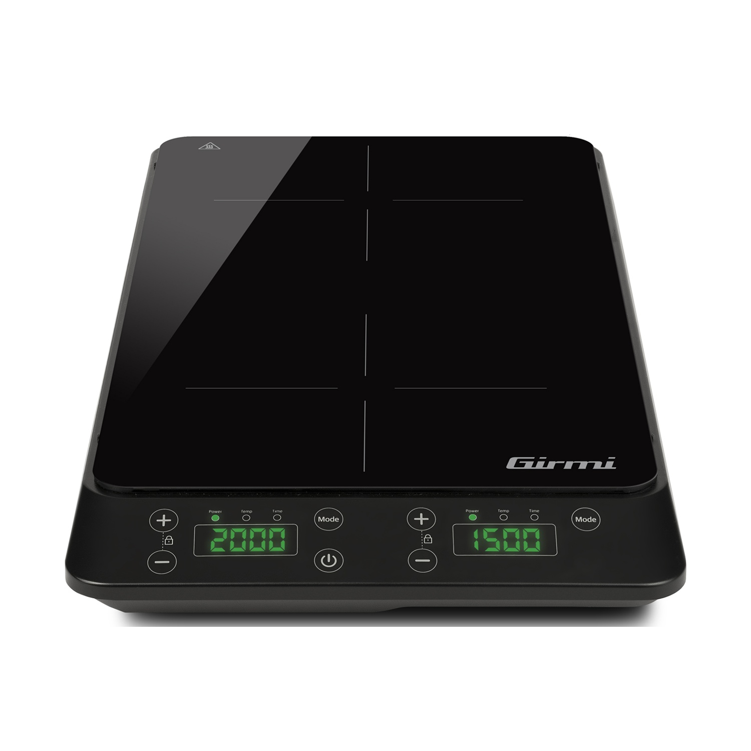 Piani cottura a induzione neri con due zone cottura e display digitali.