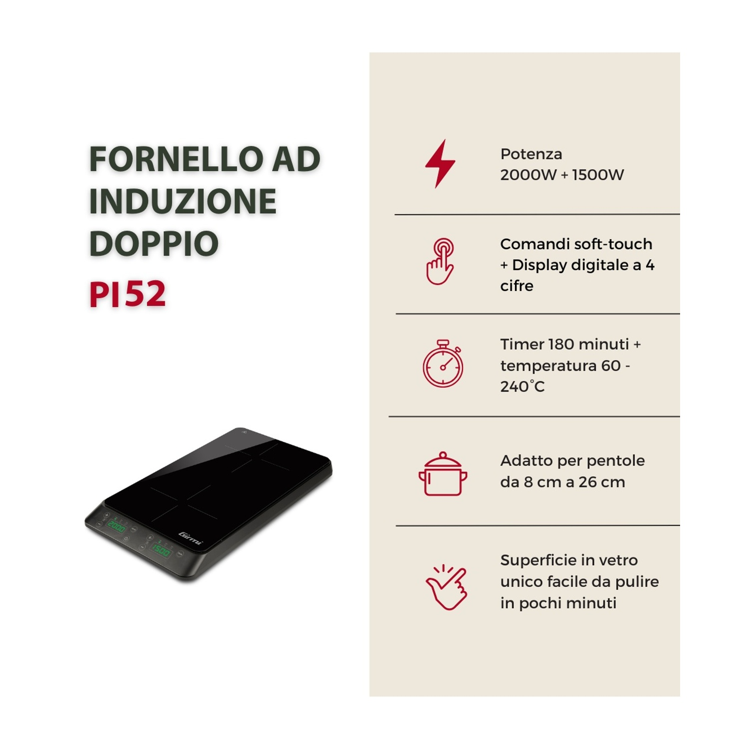Un piano cottura a induzione doppio nero Girmi con display digitali e comandi.