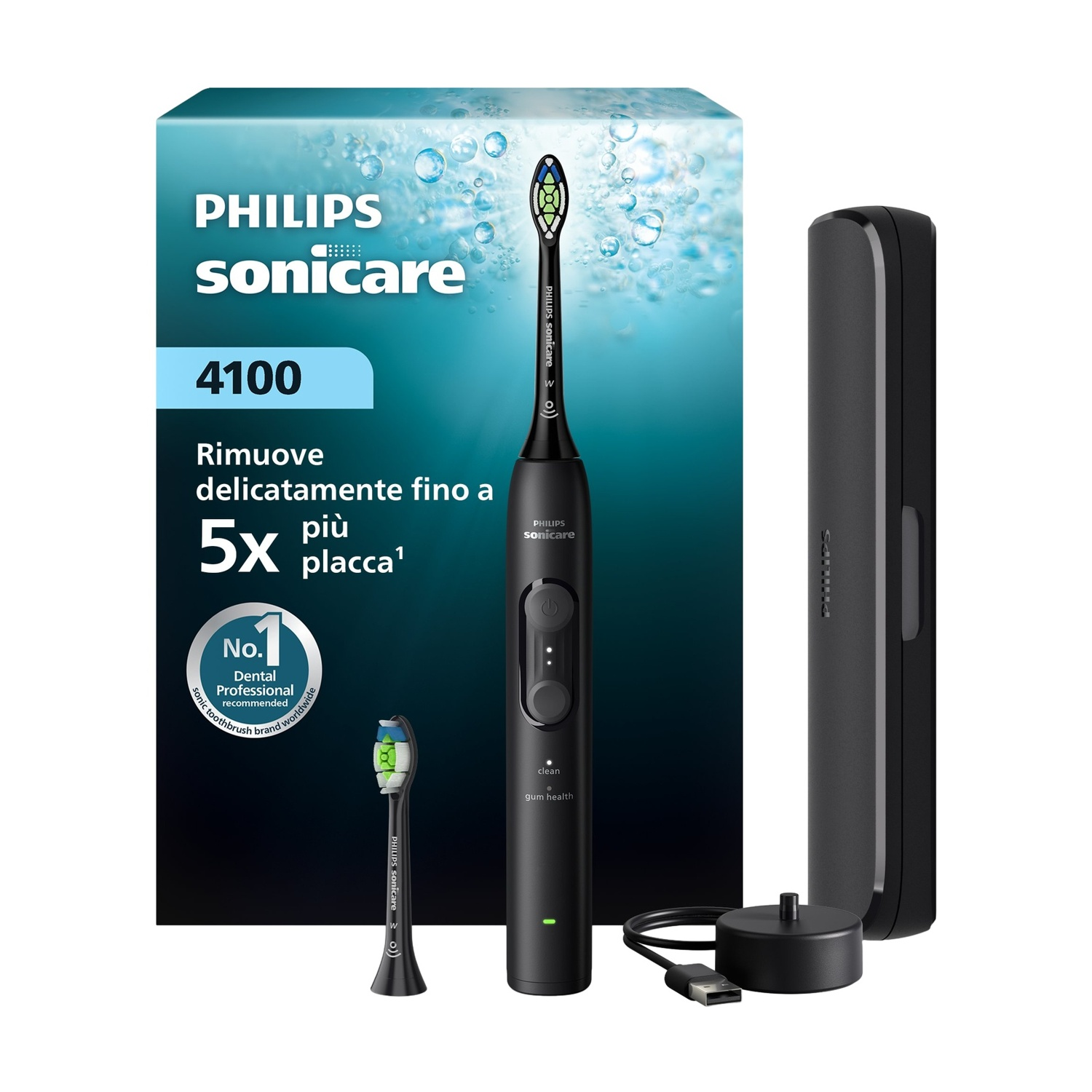 Spazzolino elettrico Philips Sonicare 4100, caricatore, custodia da viaggio e testina.