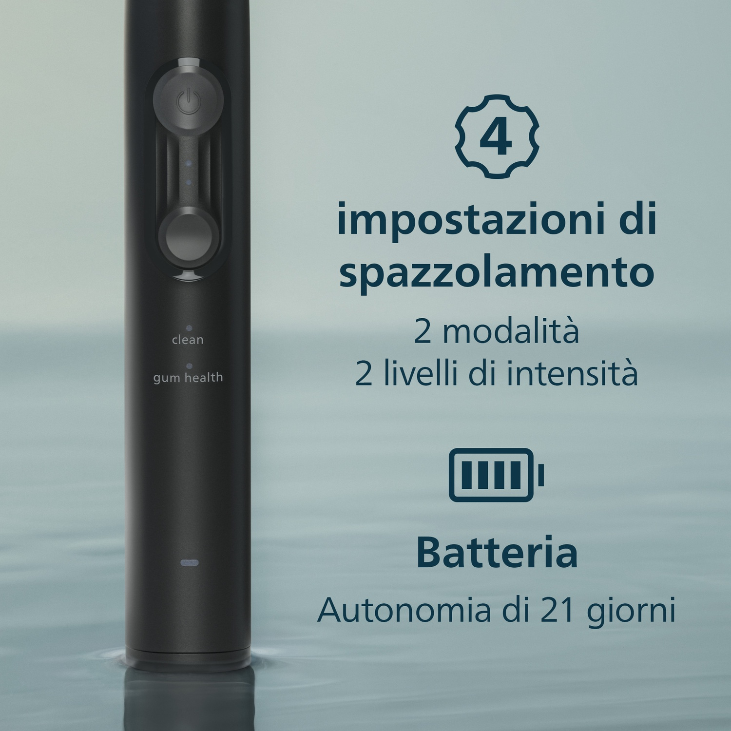 Spazzolino elettrico nero con 4 impostazioni e autonomia di 21 giorni.