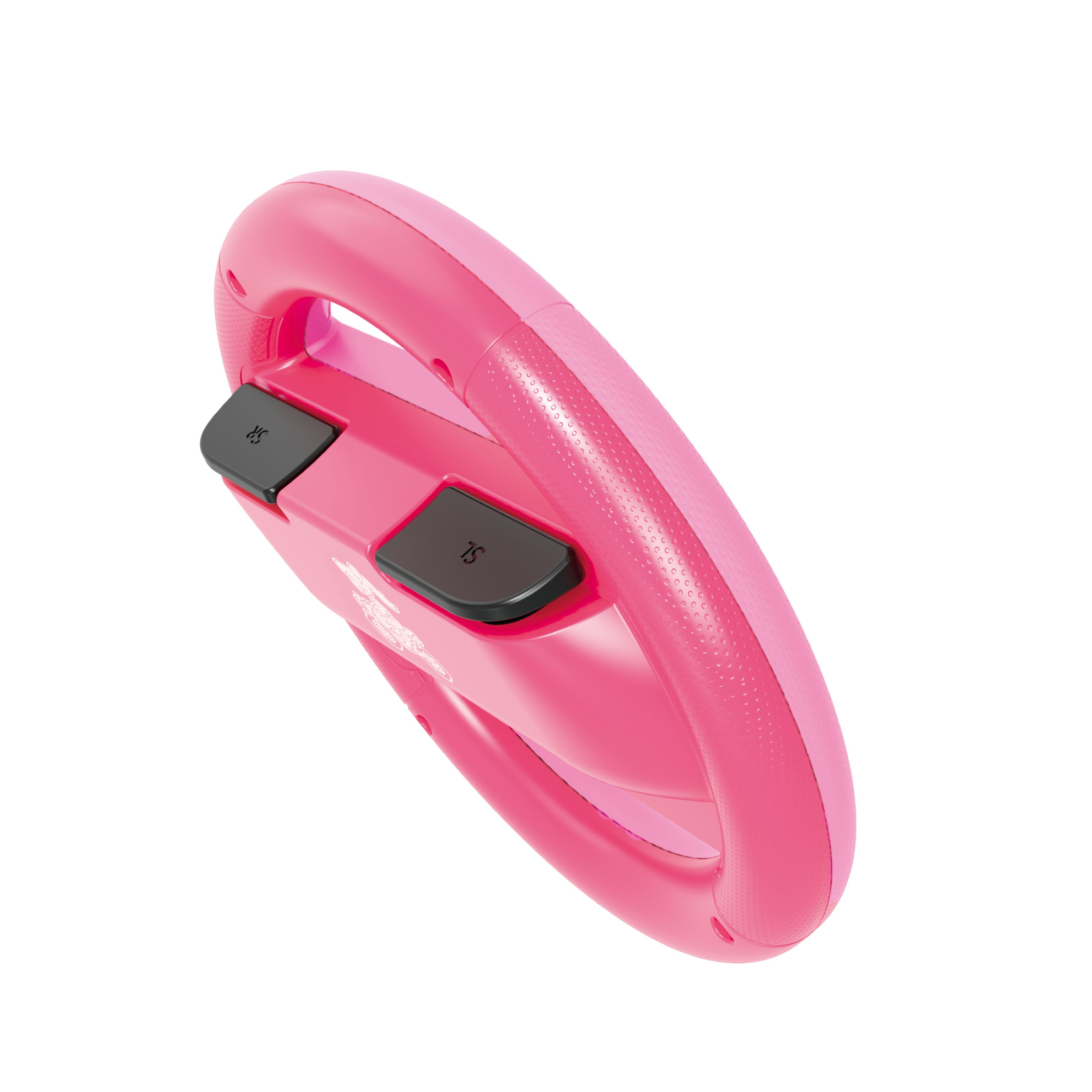 Ein pinker Controller-Griff mit schwarzen Knöpfen und einer strukturierten Oberfläche.